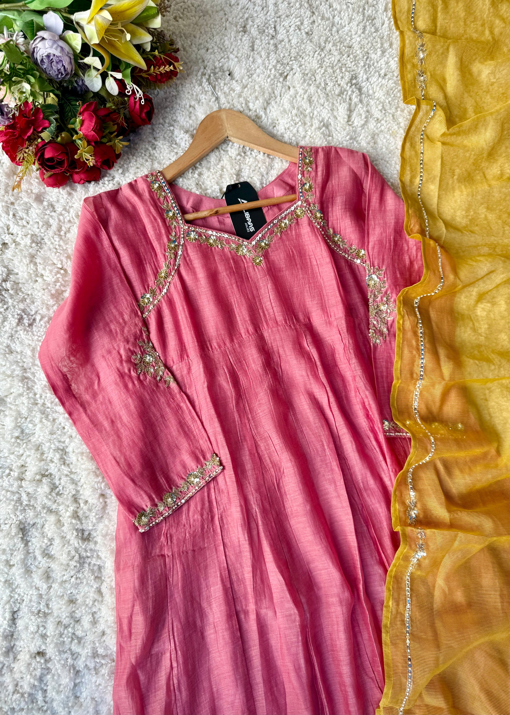 “Gulabo” Premium Rose Pink Mul Chanderi A-Line Suit 💕