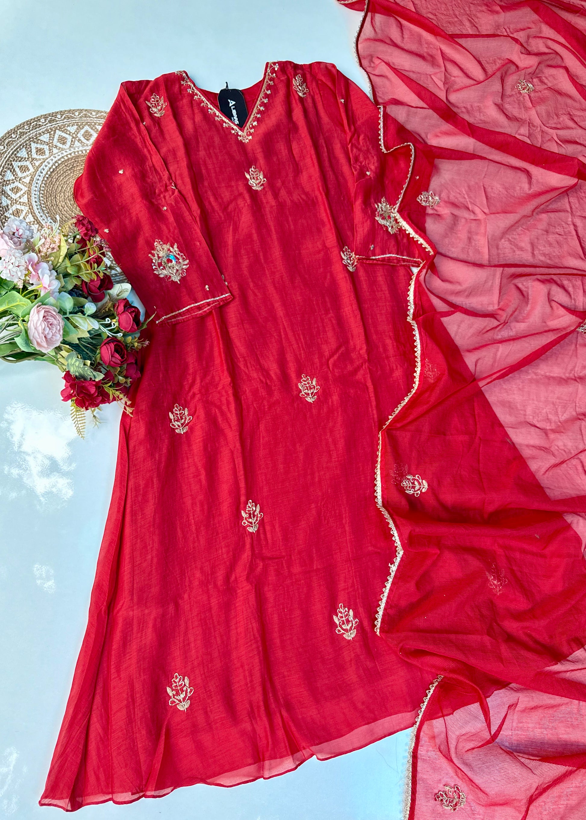 “Zeenat” Beautiful Red Mul Chanderi A line Anarkali Kurta Set