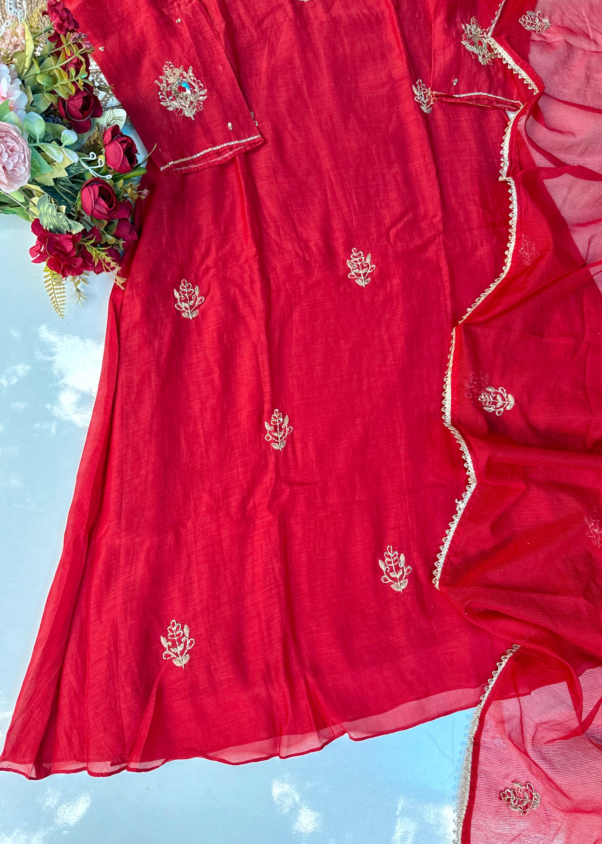 “Zeenat” Beautiful Red Mul Chanderi A line Anarkali Kurta Set