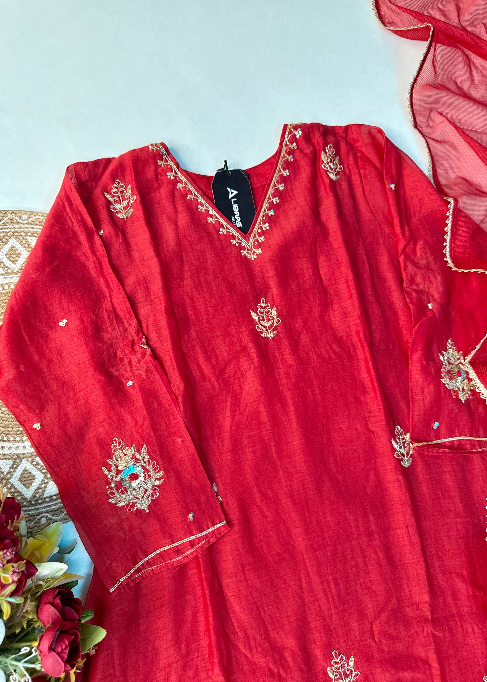 “Zeenat” Beautiful Red Mul Chanderi A line Anarkali Kurta Set