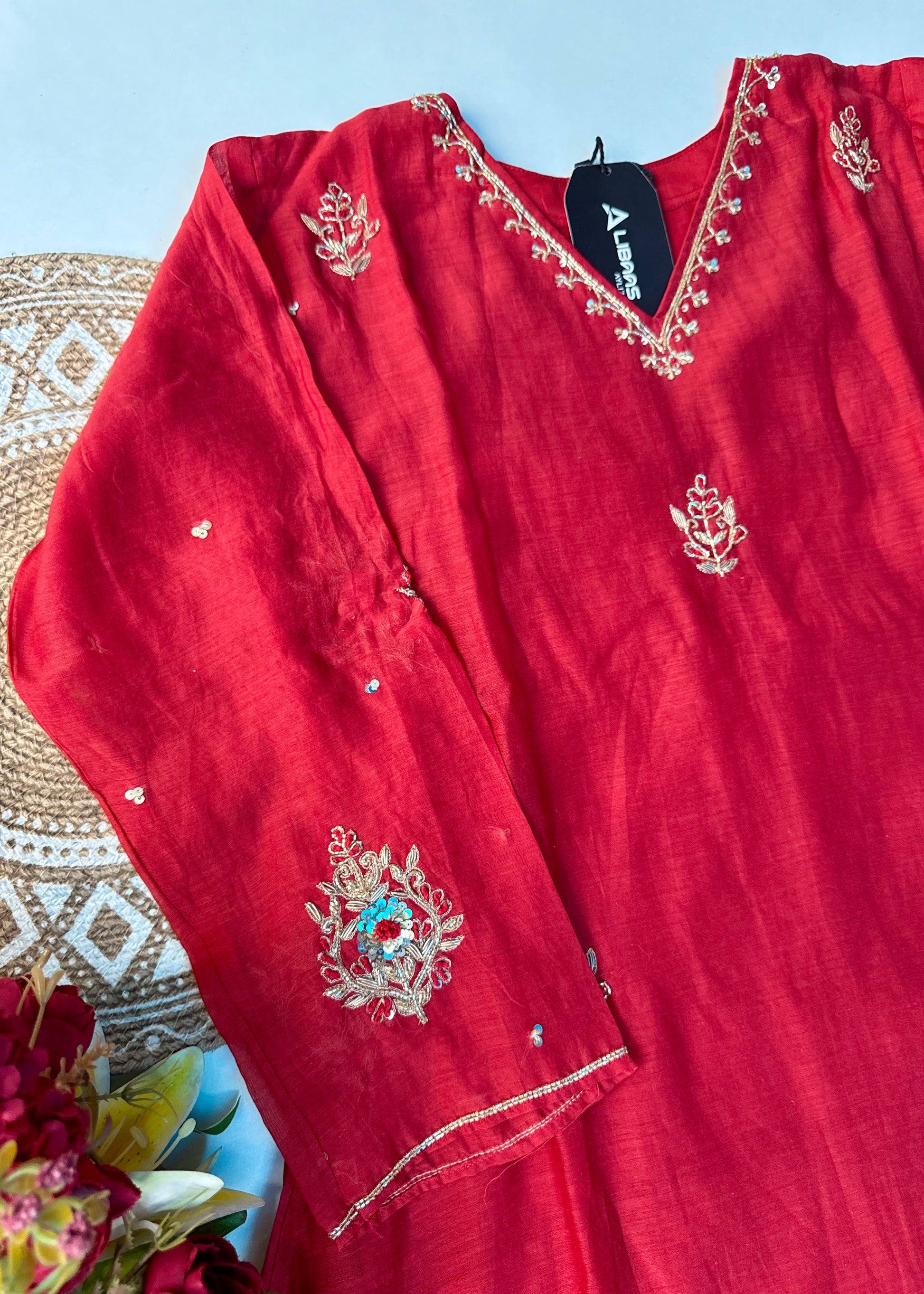 “Zeenat” Beautiful Red Mul Chanderi A line Anarkali Kurta Set
