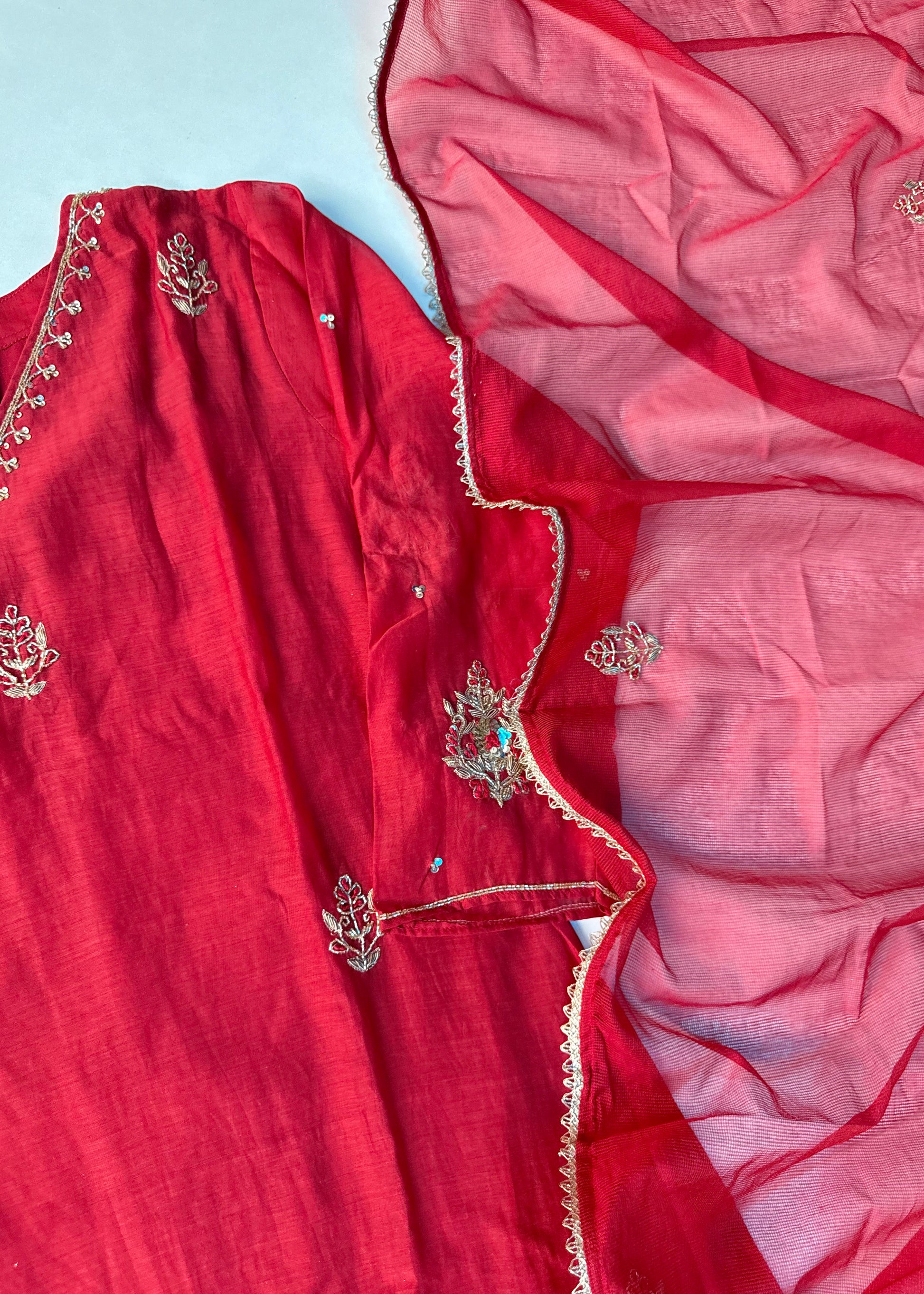 “Zeenat” Beautiful Red Mul Chanderi A line Anarkali Kurta Set