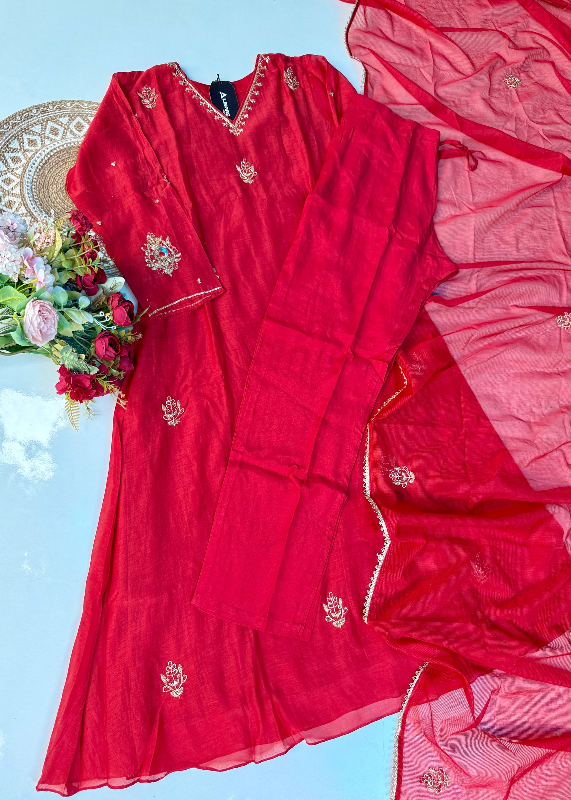 “Zeenat” Beautiful Red Mul Chanderi A line Anarkali Kurta Set