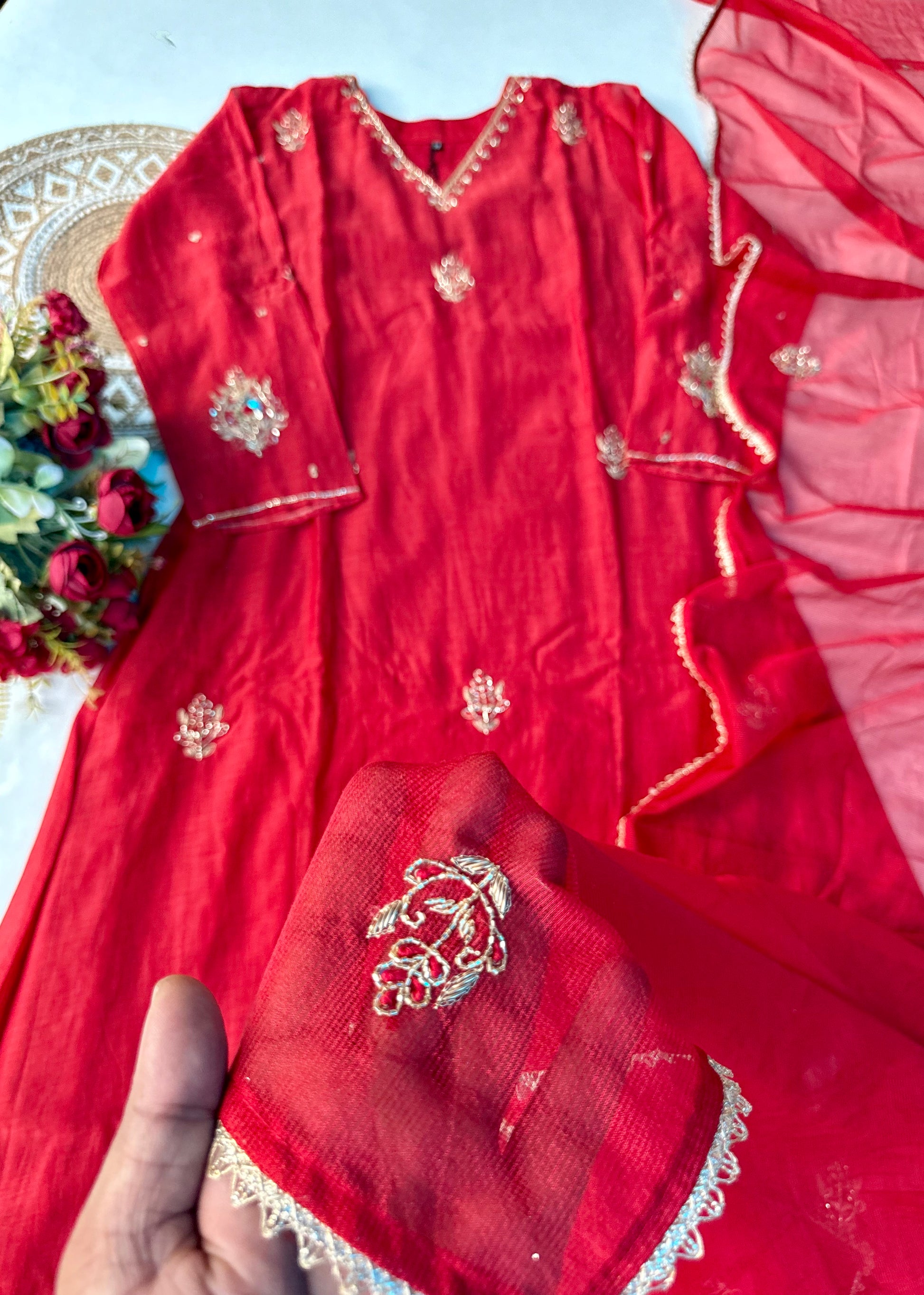 “Zeenat” Beautiful Red Mul Chanderi A line Anarkali Kurta Set