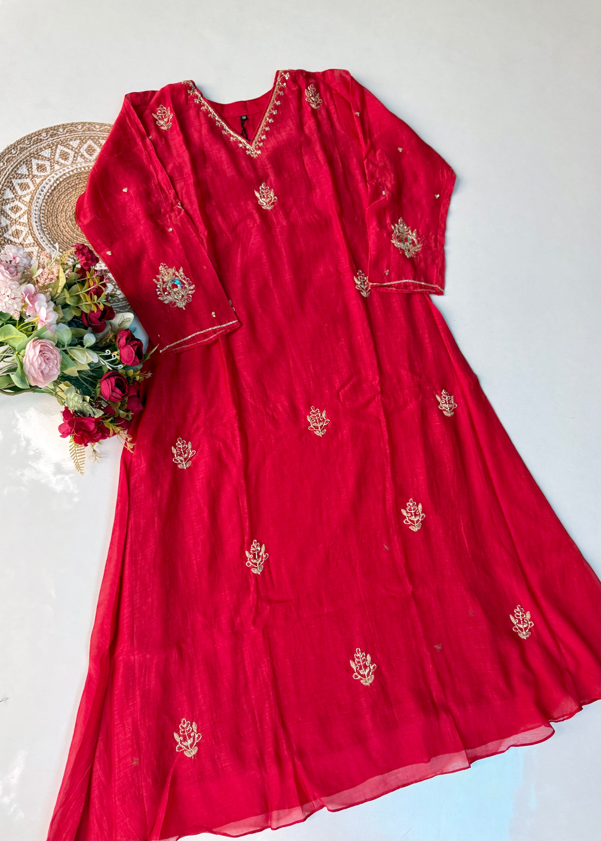 “Zeenat” Beautiful Red Mul Chanderi A line Anarkali Kurta Set