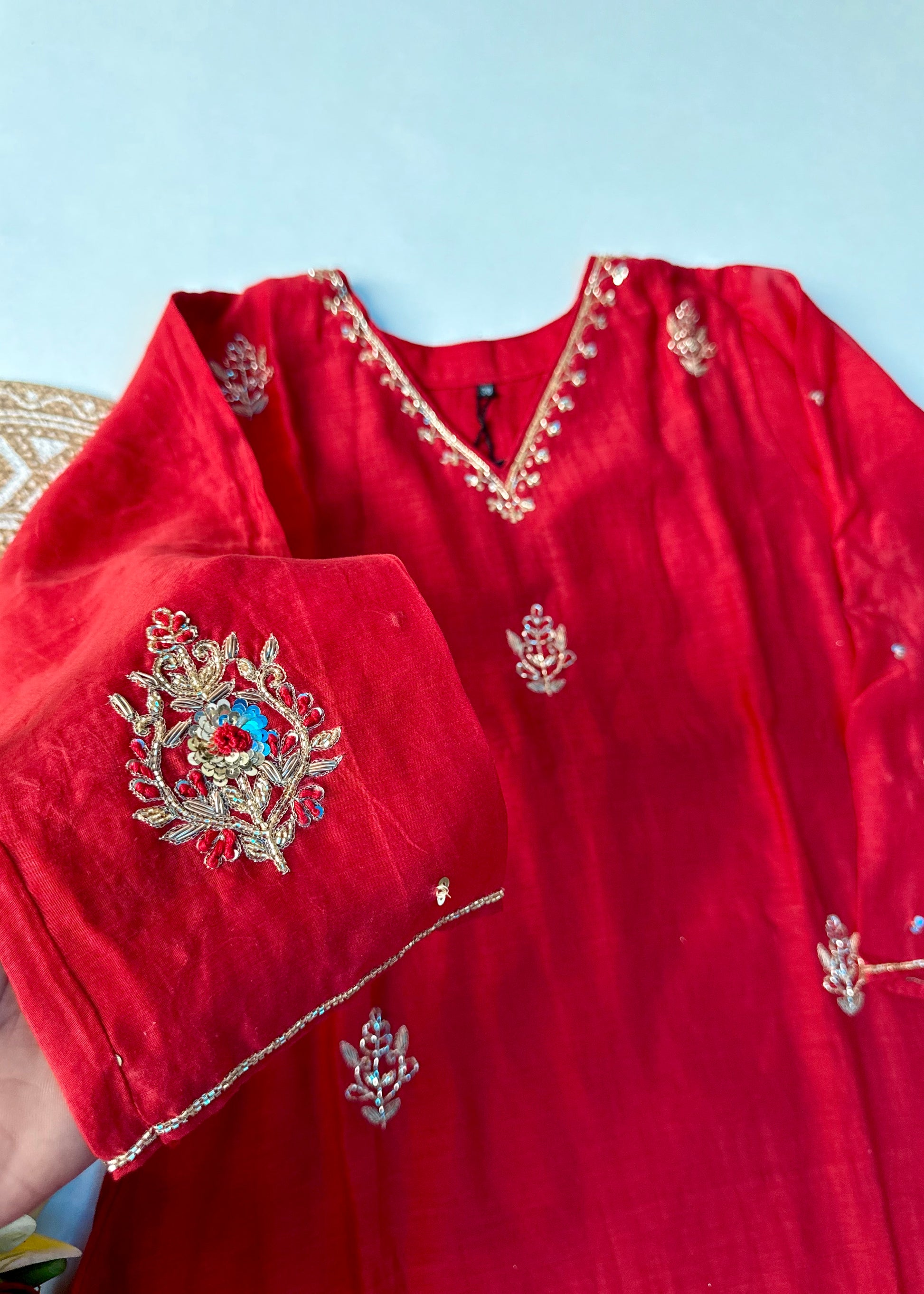 “Zeenat” Beautiful Red Mul Chanderi A line Anarkali Kurta Set