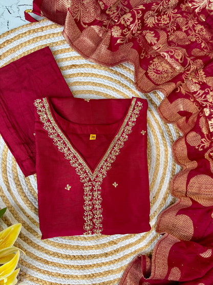 “ QAREENA” Latest handwork dola silk kurti bottom with banarsi dupatta set