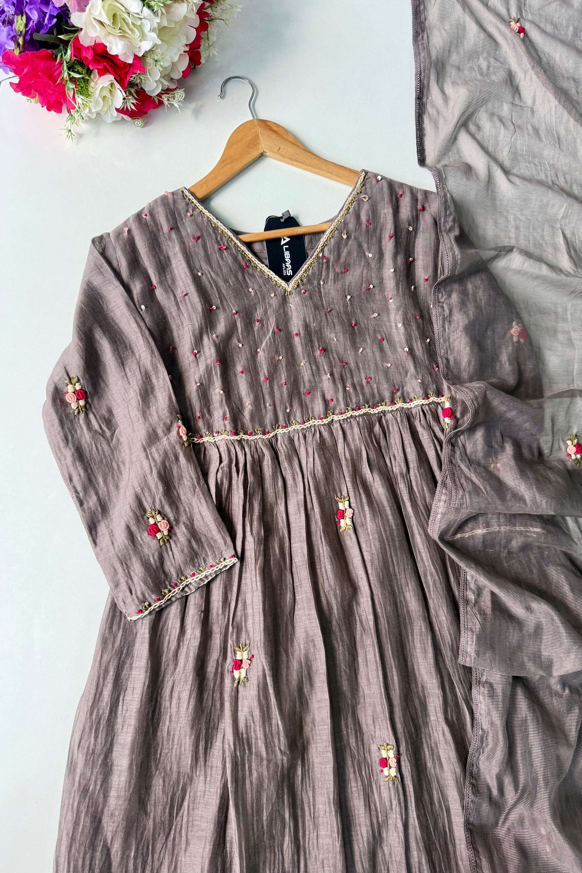 ✨” Smoky- Latest Smoky Taupe Grey Chanderi A-Line Kurta Set✨