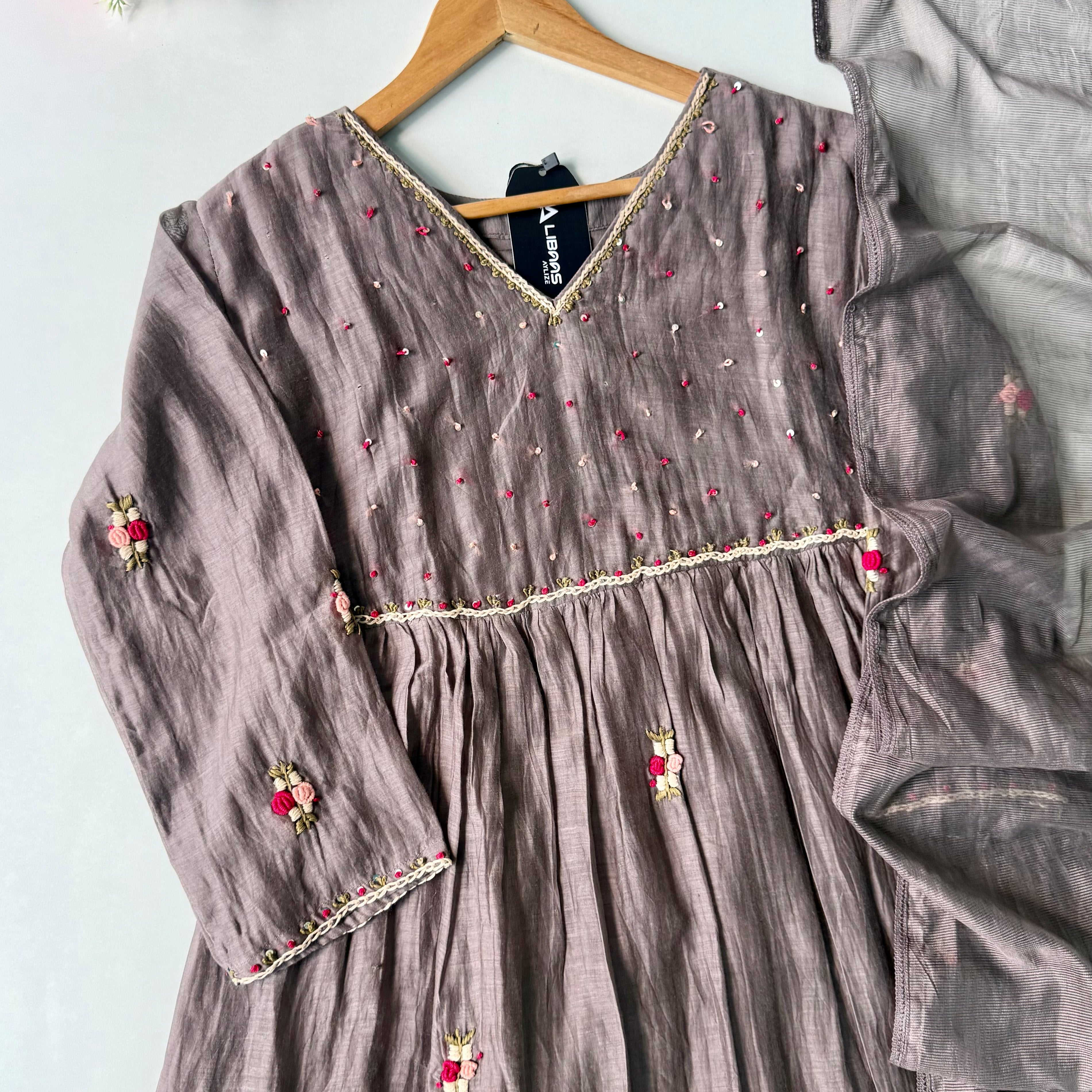 ✨” Smoky- Latest Smoky Taupe Grey Chanderi A-Line Kurta Set✨
