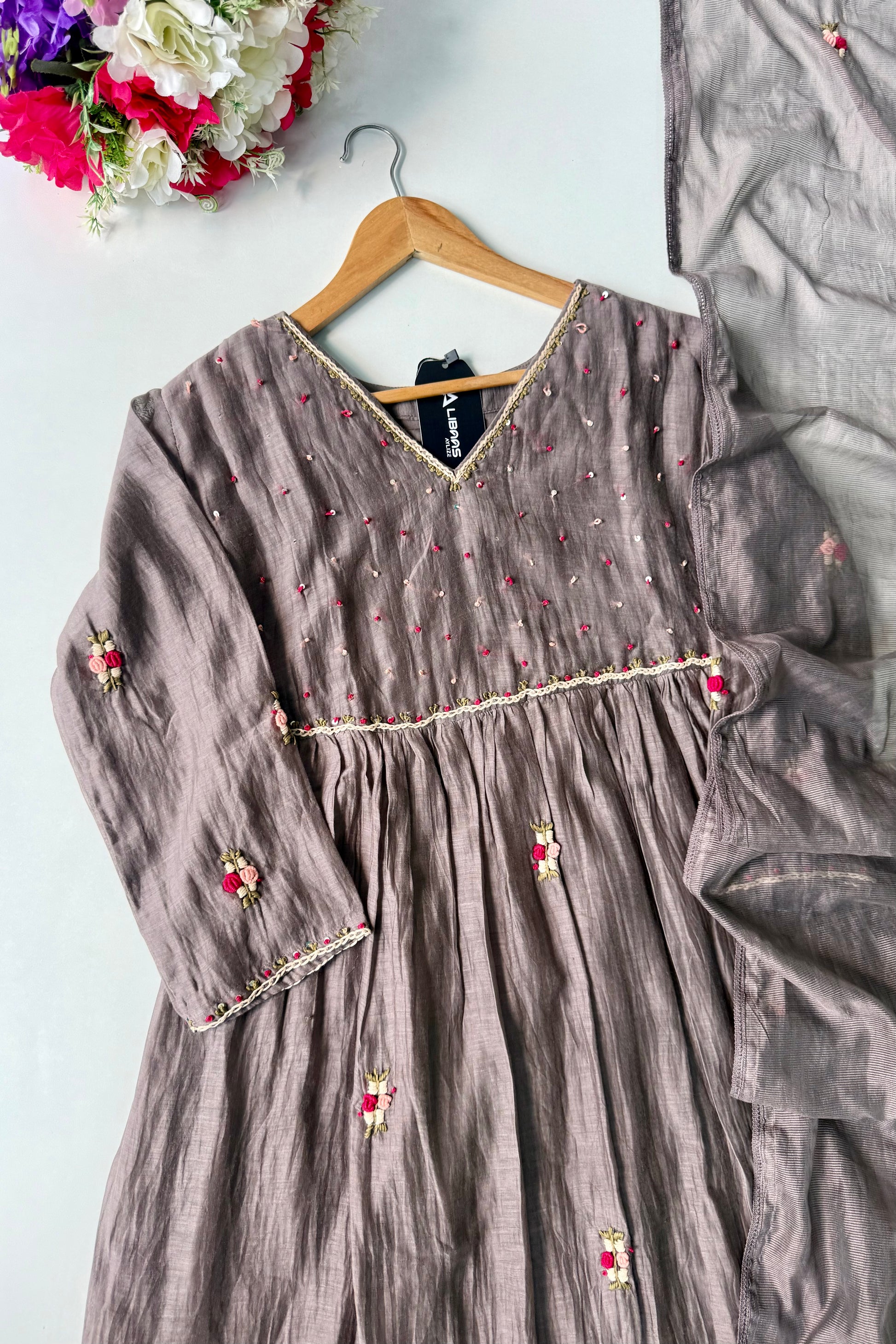 ✨” Smoky- Latest Smoky Taupe Grey Chanderi A-Line Kurta Set✨
