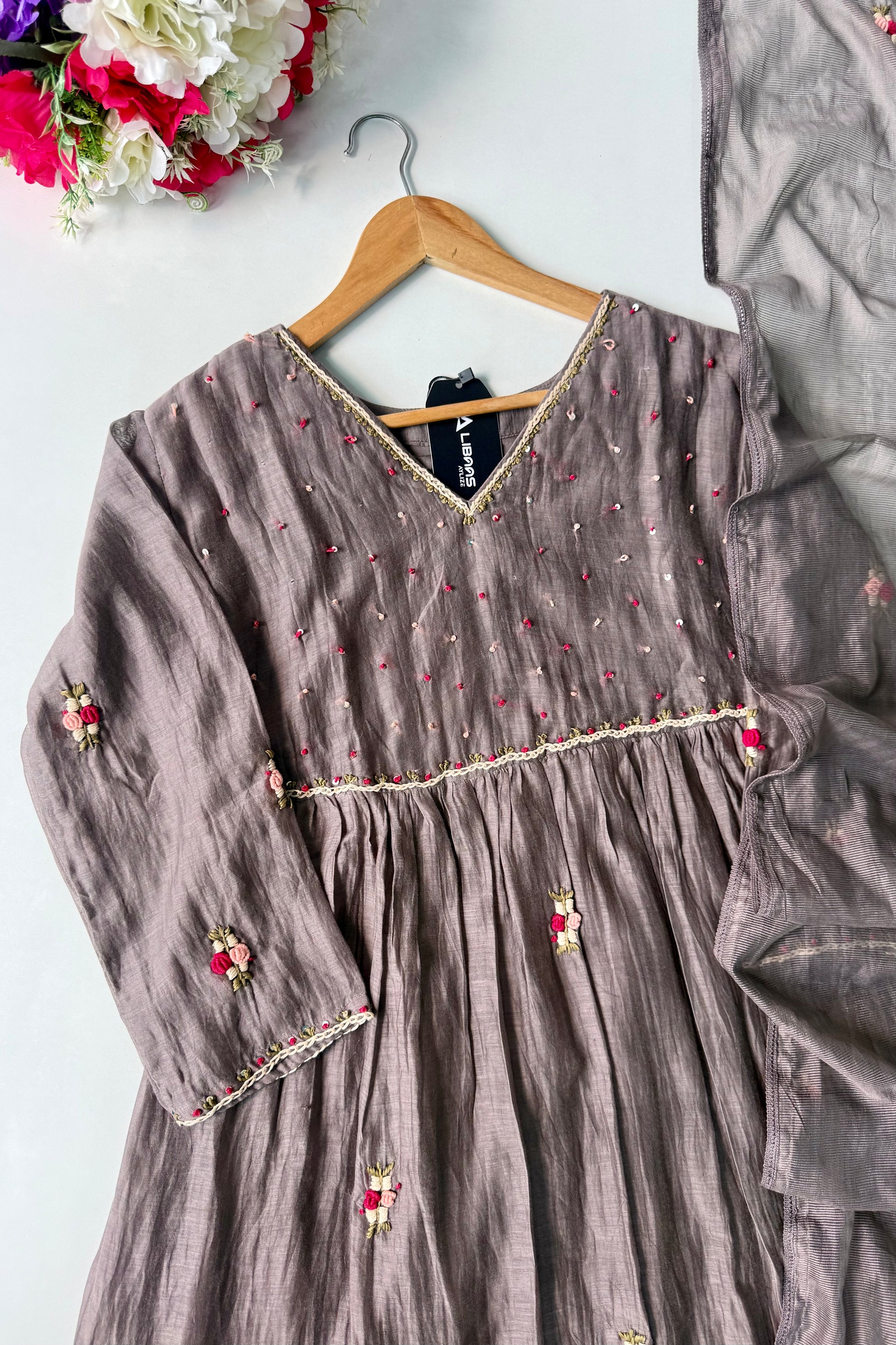 ✨” Smoky- Latest Smoky Taupe Grey Chanderi A-Line Kurta Set✨