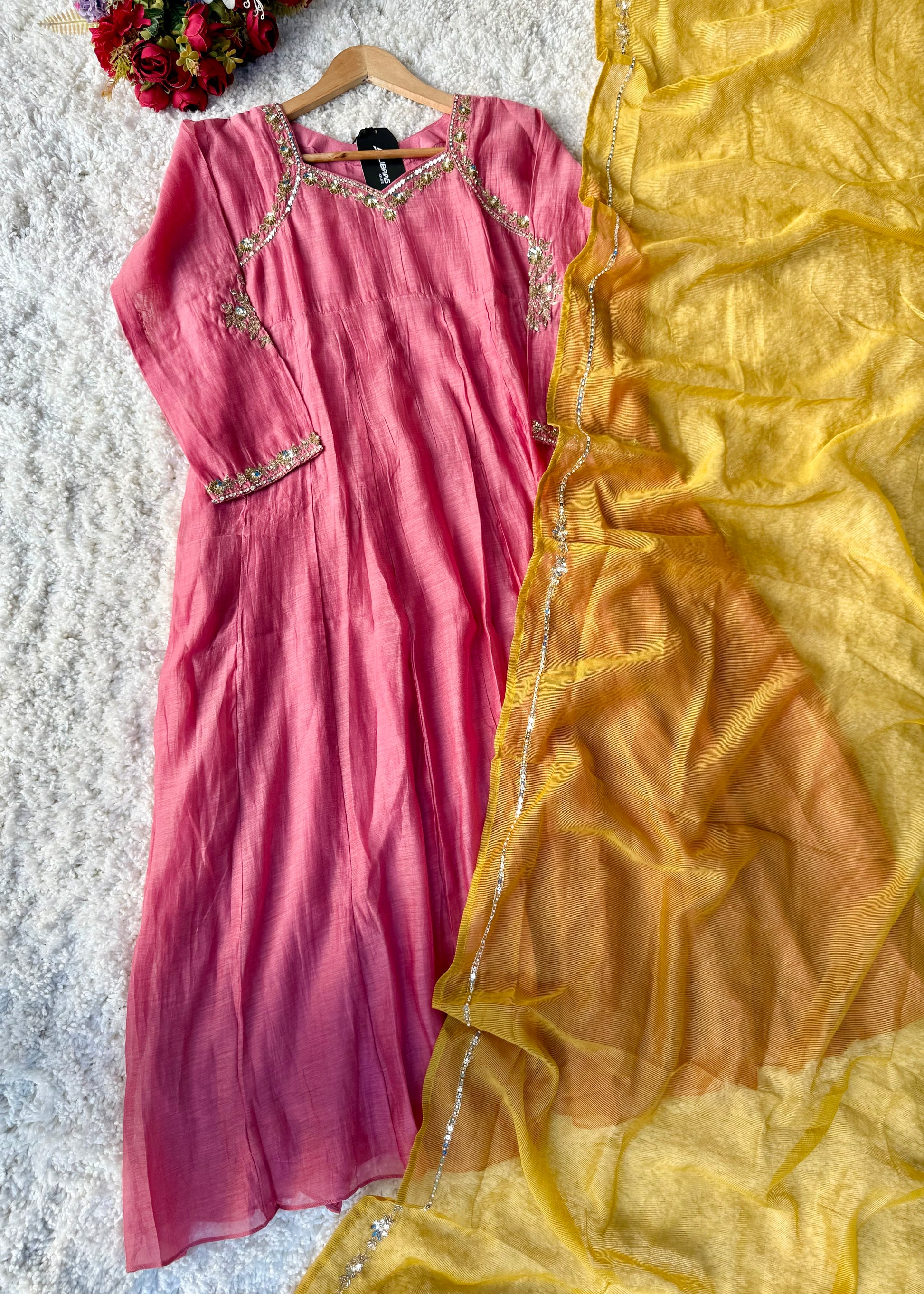 “Gulabo” Premium Rose Pink Mul Chanderi A-Line Suit 💕