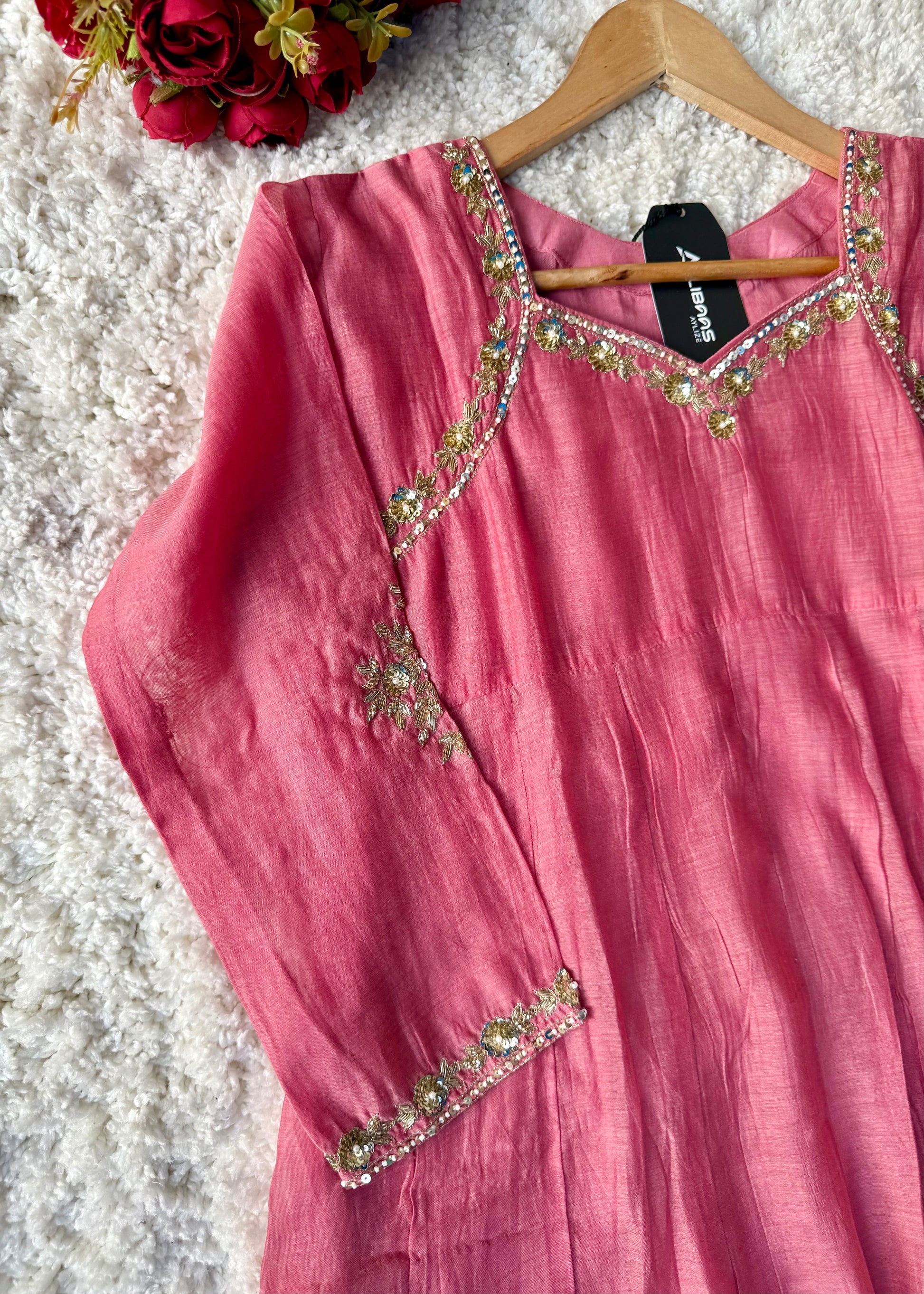 “Gulabo” Premium Rose Pink Mul Chanderi A-Line Suit 💕
