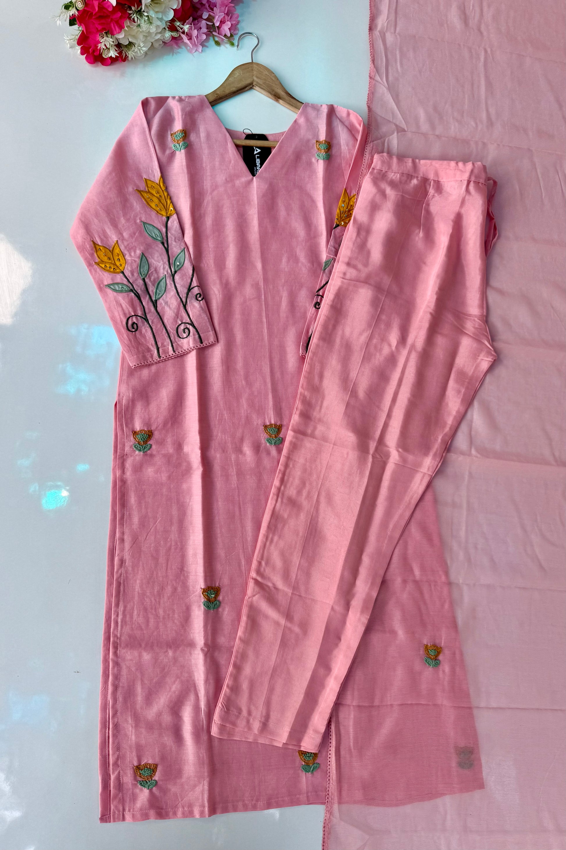 🛍️”Rosyn –  Premium Peach Mul Chanderi Straight Kurta Set