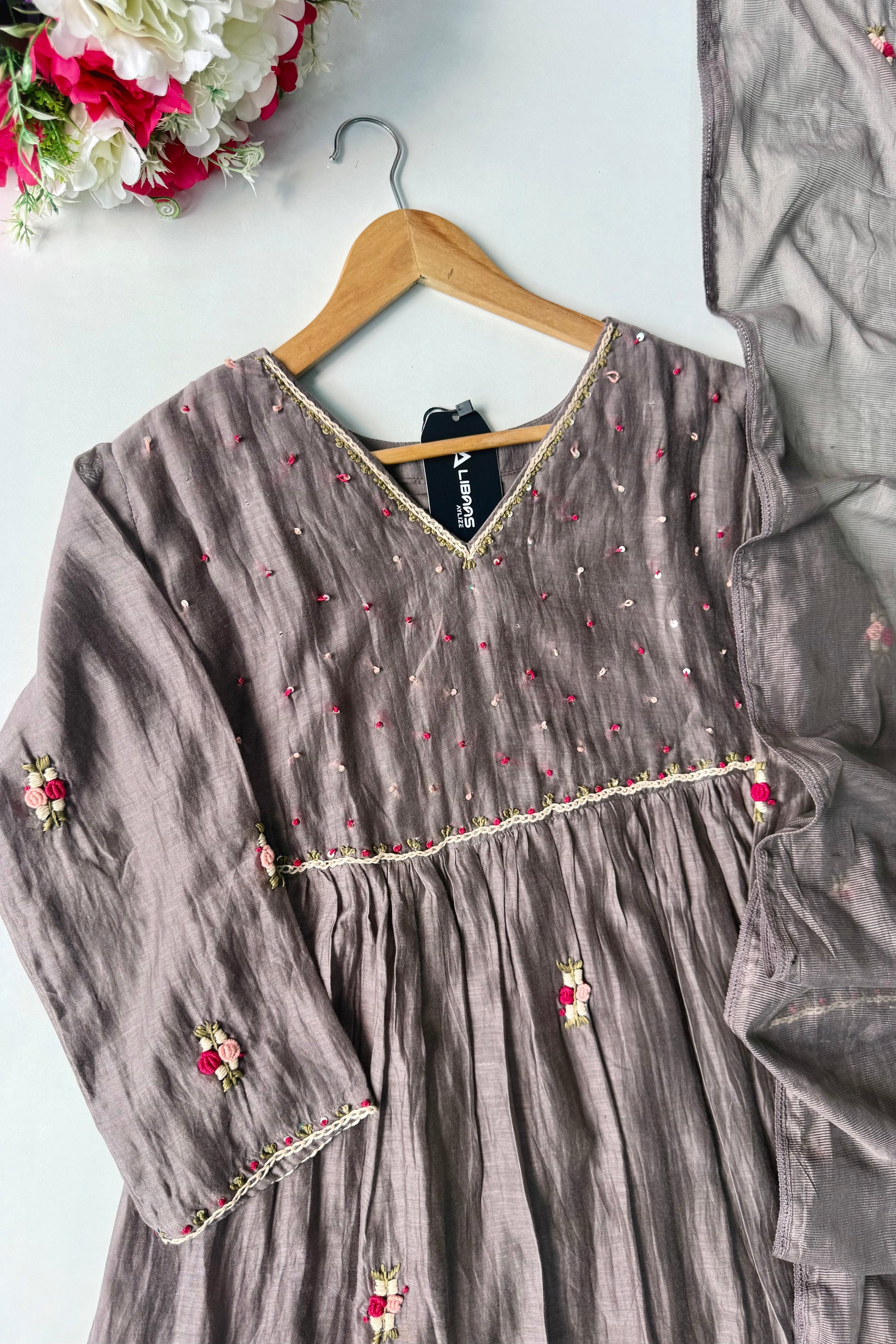 ✨” Smoky- Latest Smoky Taupe Grey Chanderi A-Line Kurta Set✨