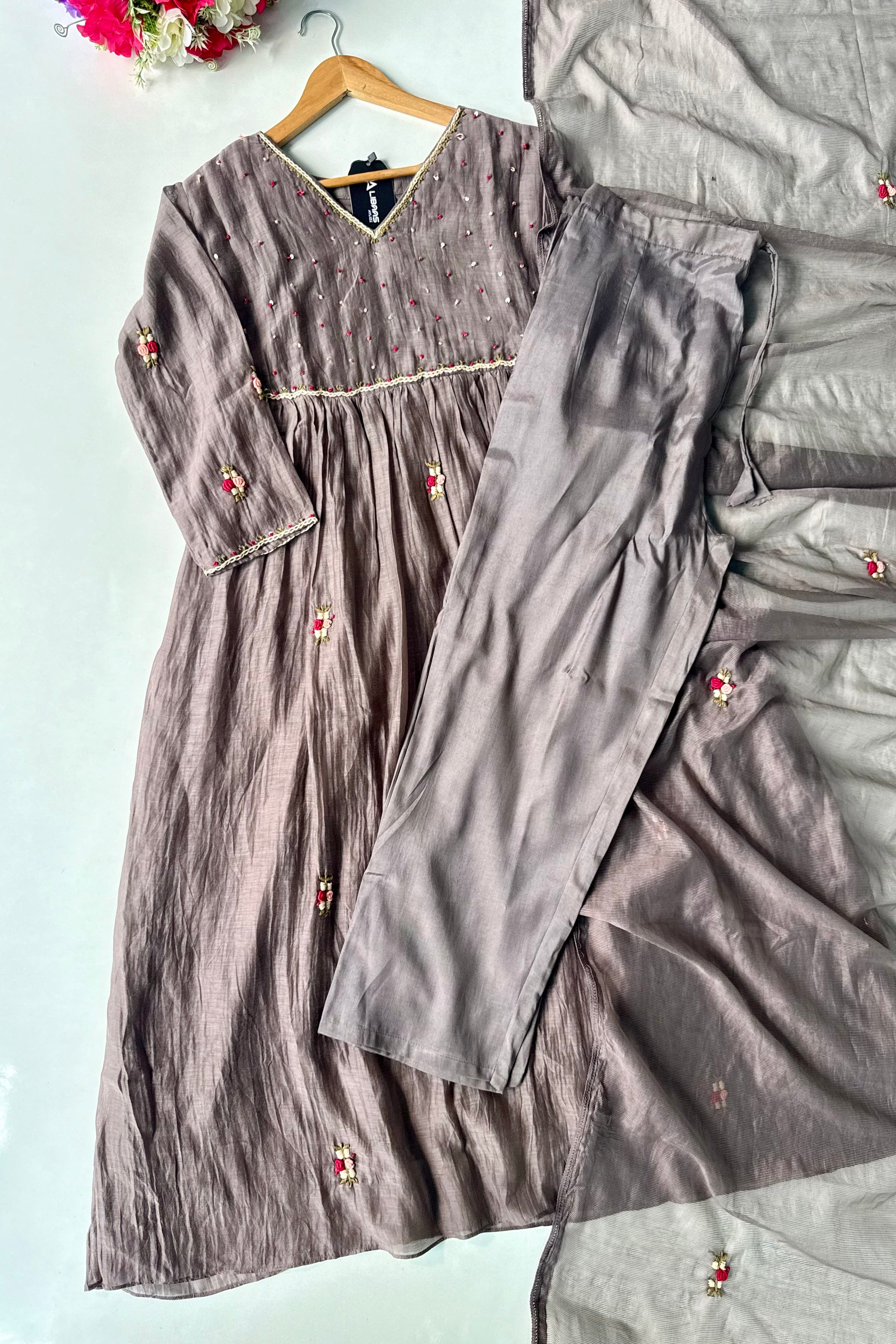 ✨” Smoky- Latest Smoky Taupe Grey Chanderi A-Line Kurta Set✨