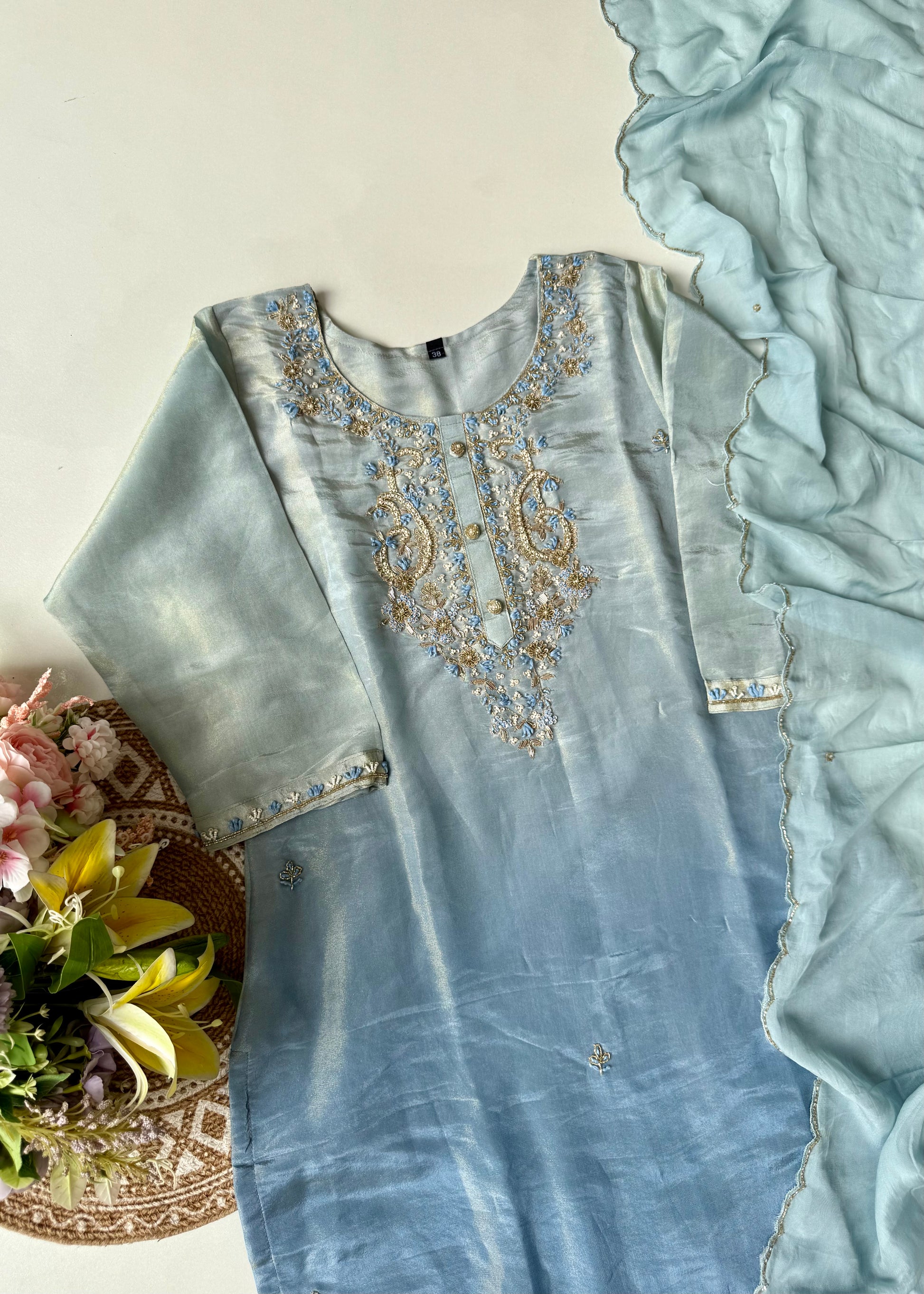 “Aashvi” Ombre Tissue Silk Handwork Suit Set