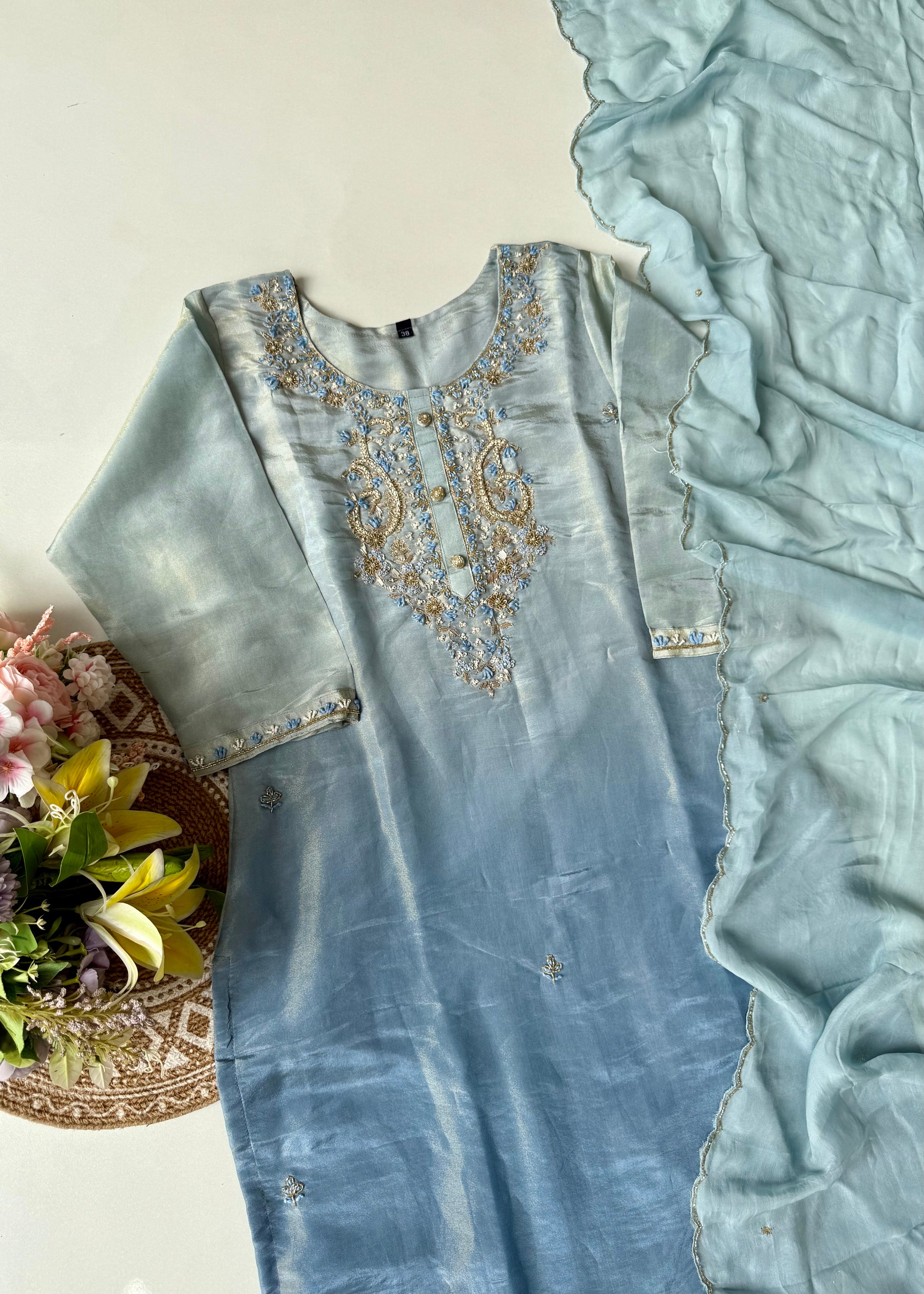 “Aashvi” Ombre Tissue Silk Handwork Suit Set