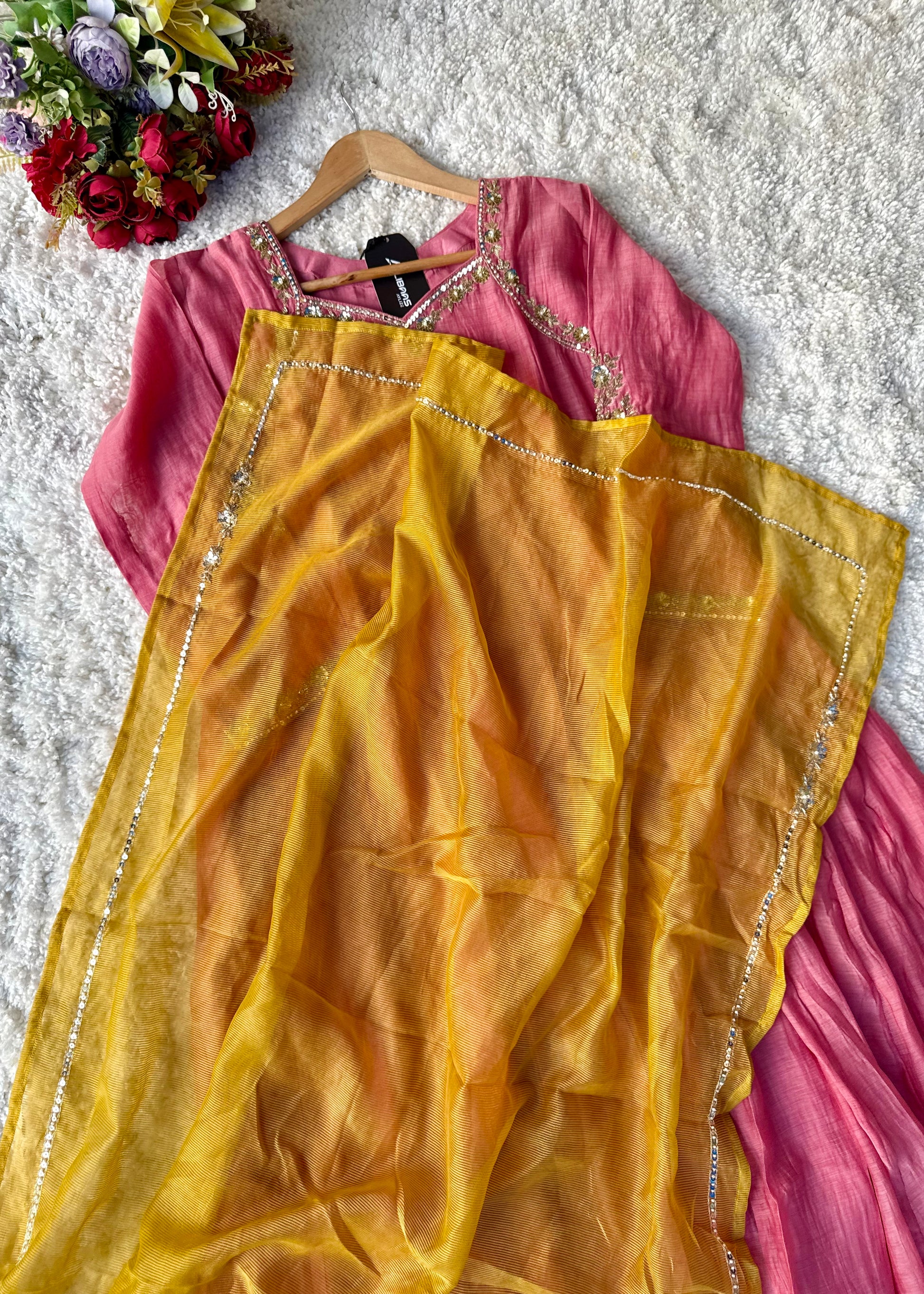 “Gulabo” Premium Rose Pink Mul Chanderi A-Line Suit 💕