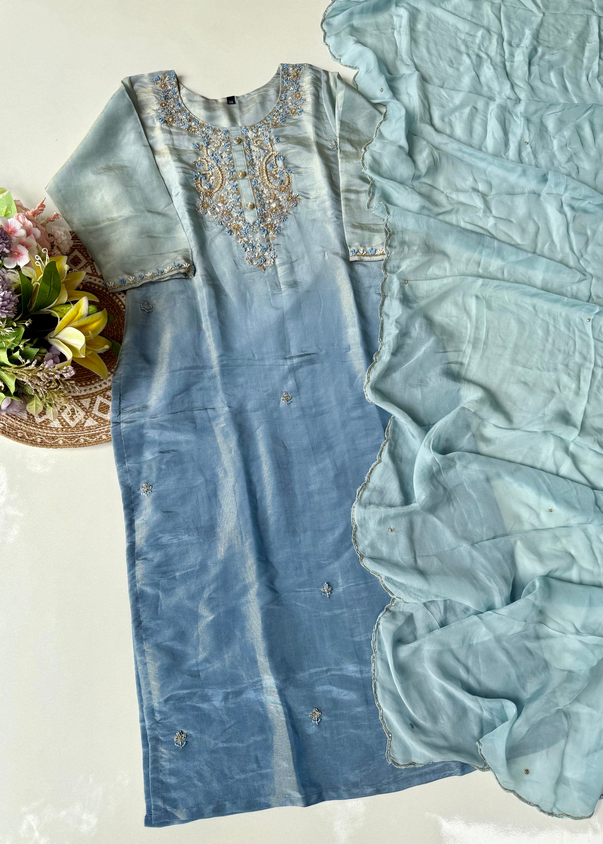 “Aashvi” Ombre Tissue Silk Handwork Suit Set