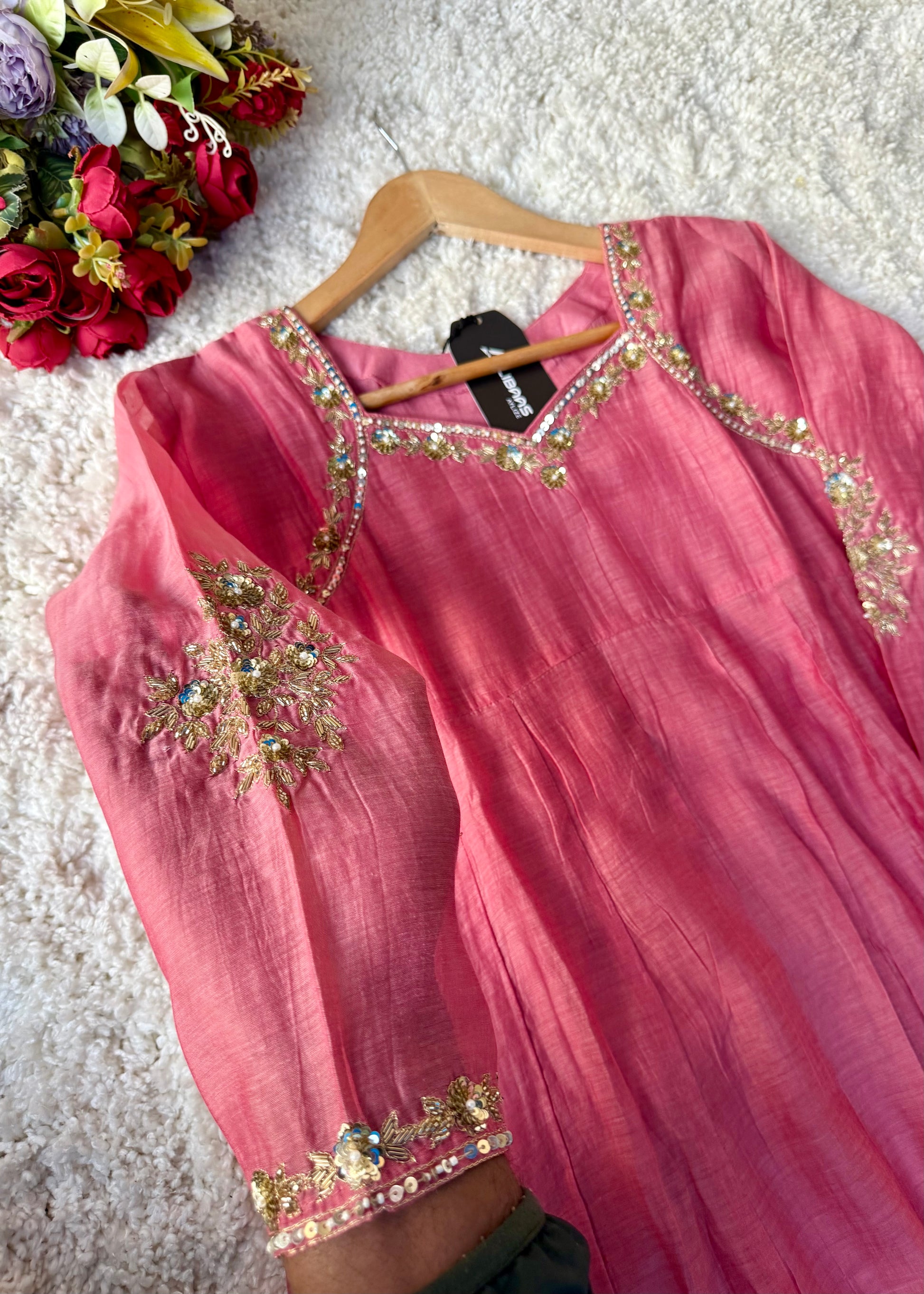 “Gulabo” Premium Rose Pink Mul Chanderi A-Line Suit 💕