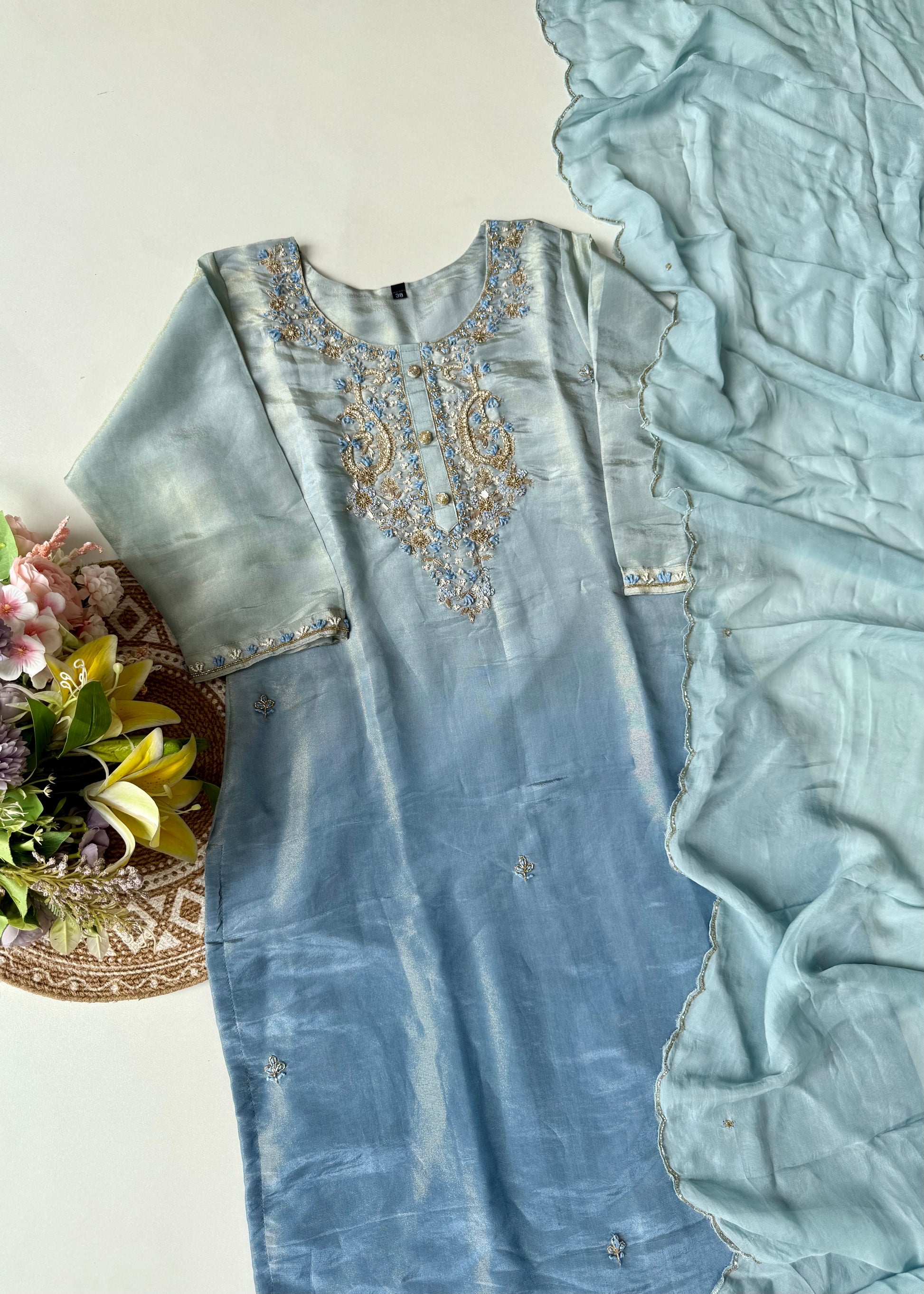“Aashvi” Ombre Tissue Silk Handwork Suit Set