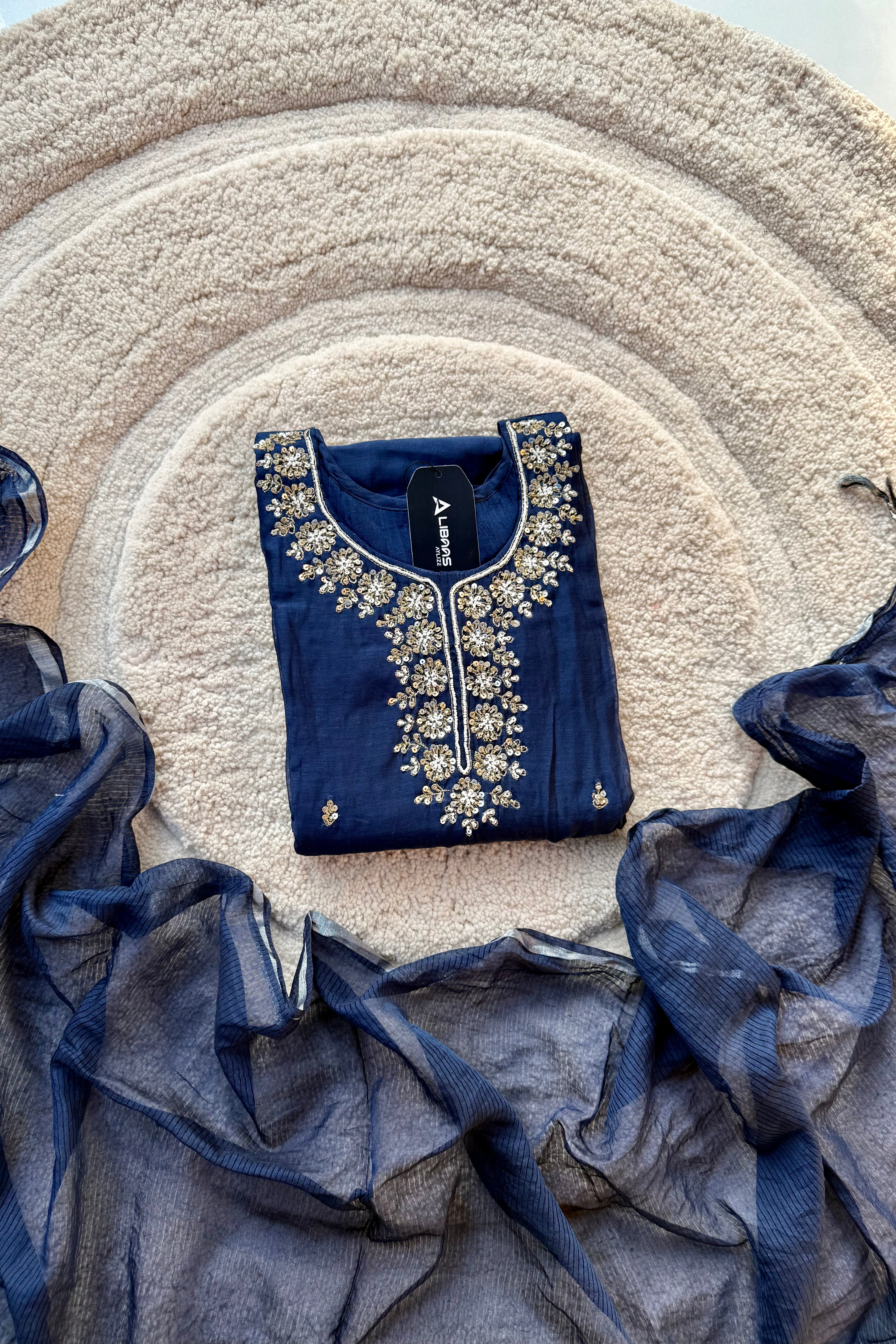 “Faraj” Navy Blue Pure Mul-Chanderi Party wear A Line suit set
