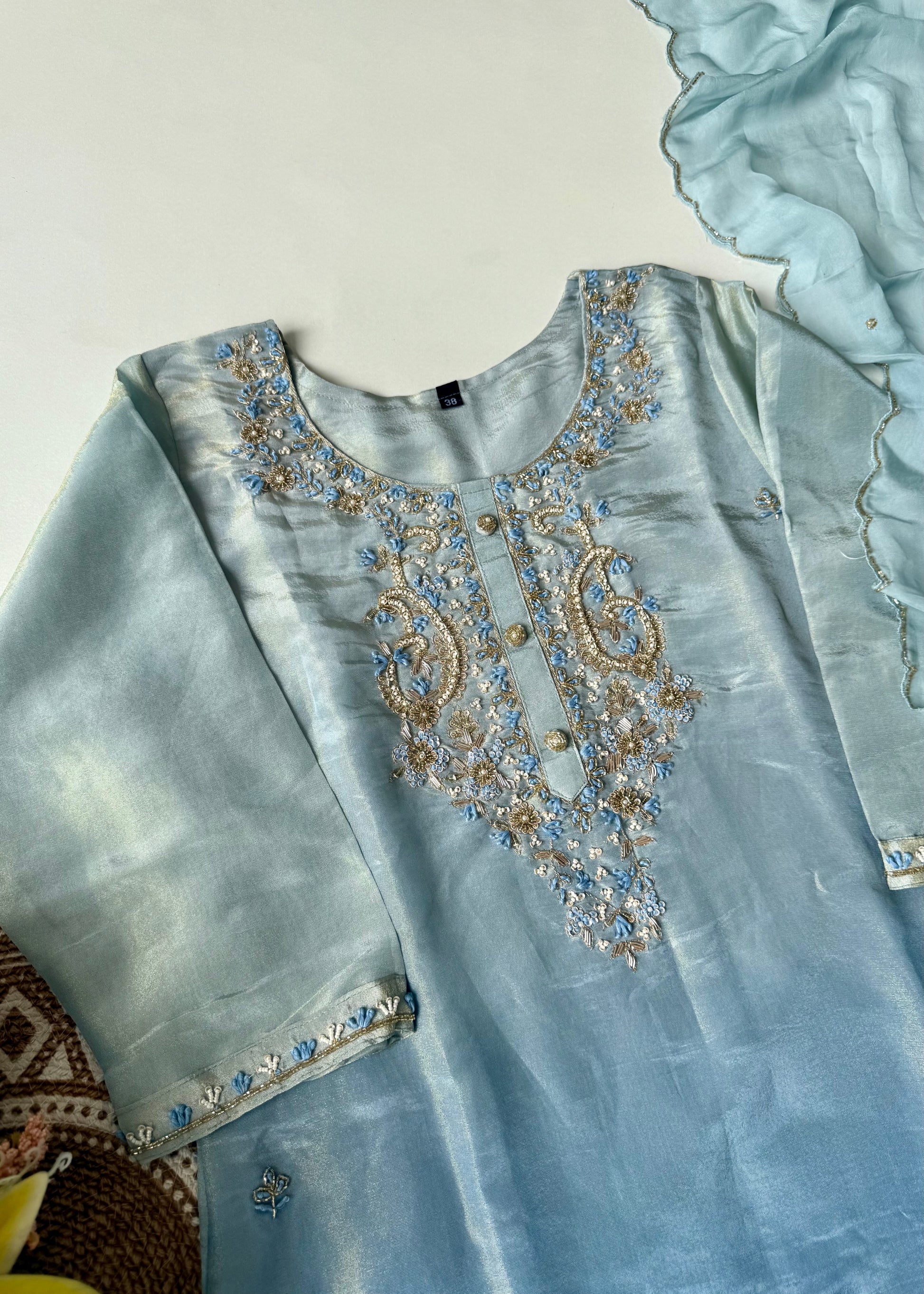 “Aashvi” Ombre Tissue Silk Handwork Suit Set