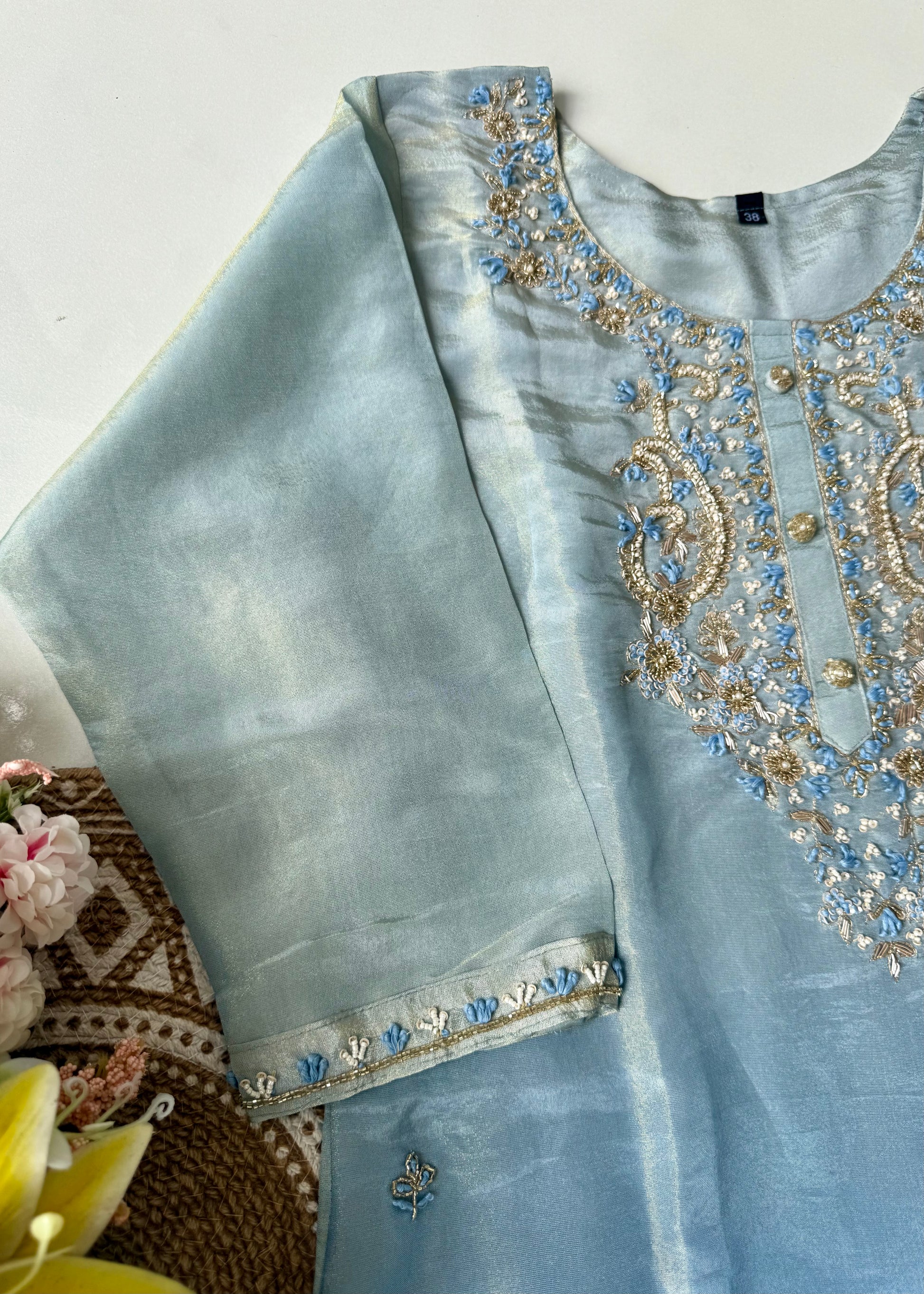 “Aashvi” Ombre Tissue Silk Handwork Suit Set
