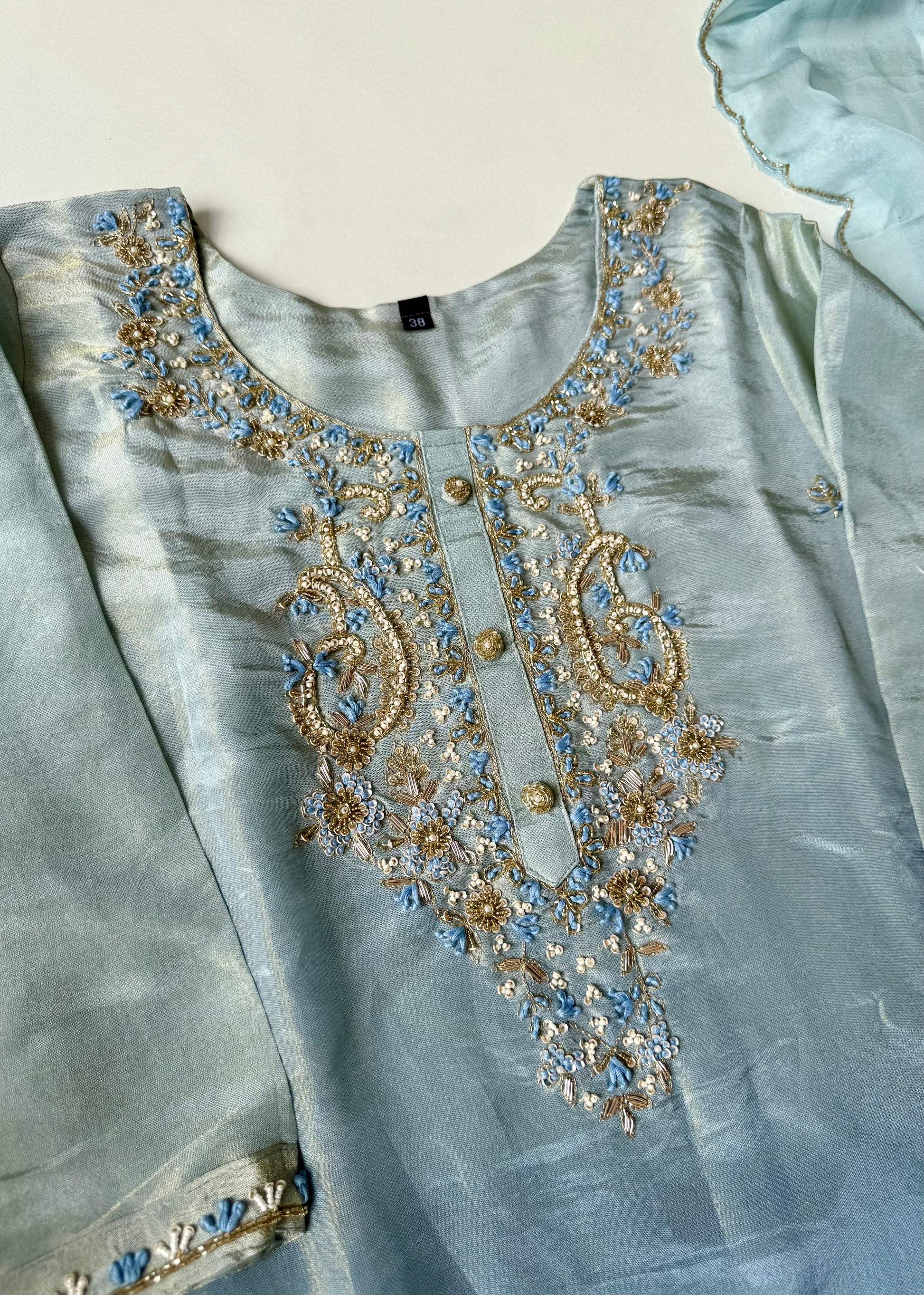 “Aashvi” Ombre Tissue Silk Handwork Suit Set