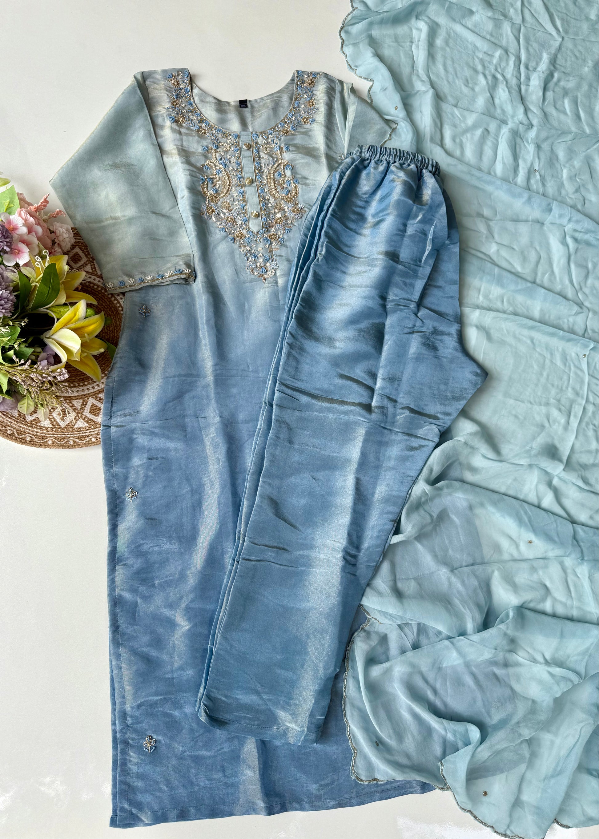 “Aashvi” Ombre Tissue Silk Handwork Suit Set