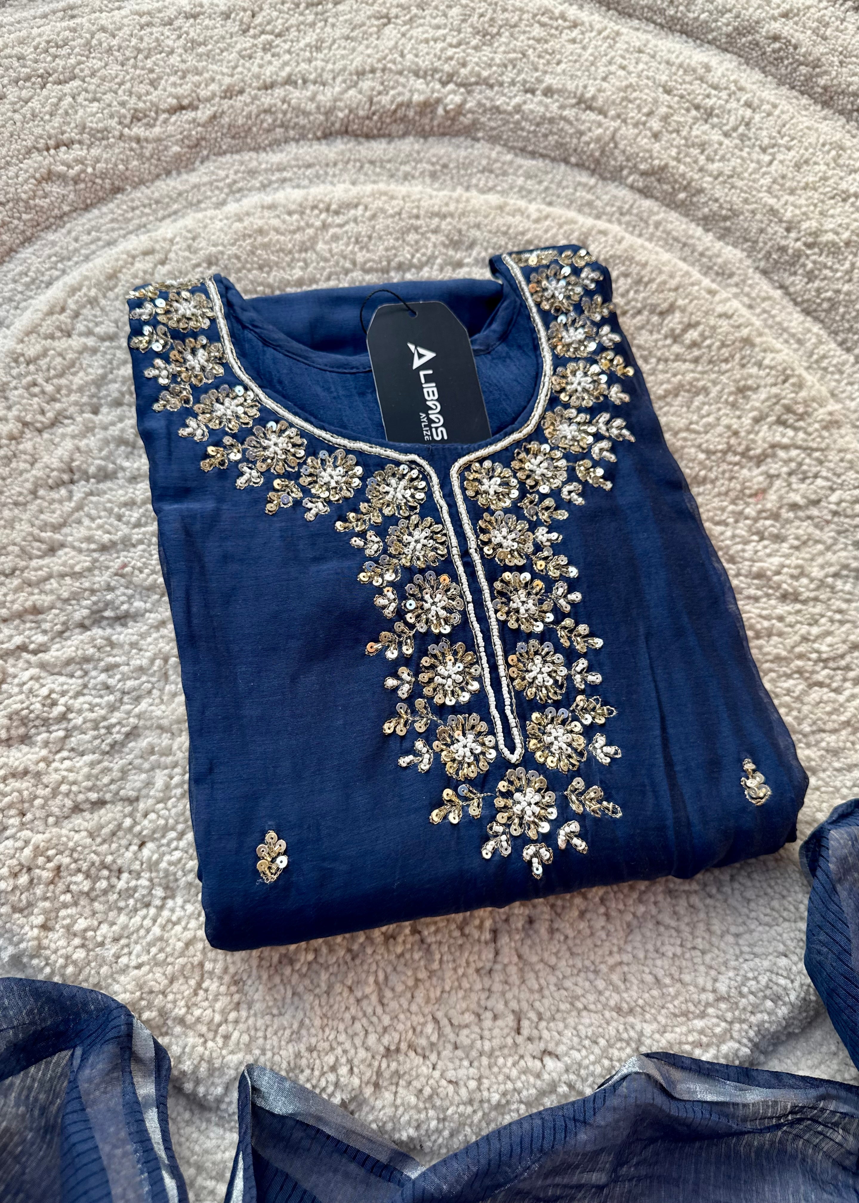 “Faraj” Navy Blue Pure Mul-Chanderi Party wear A Line suit set