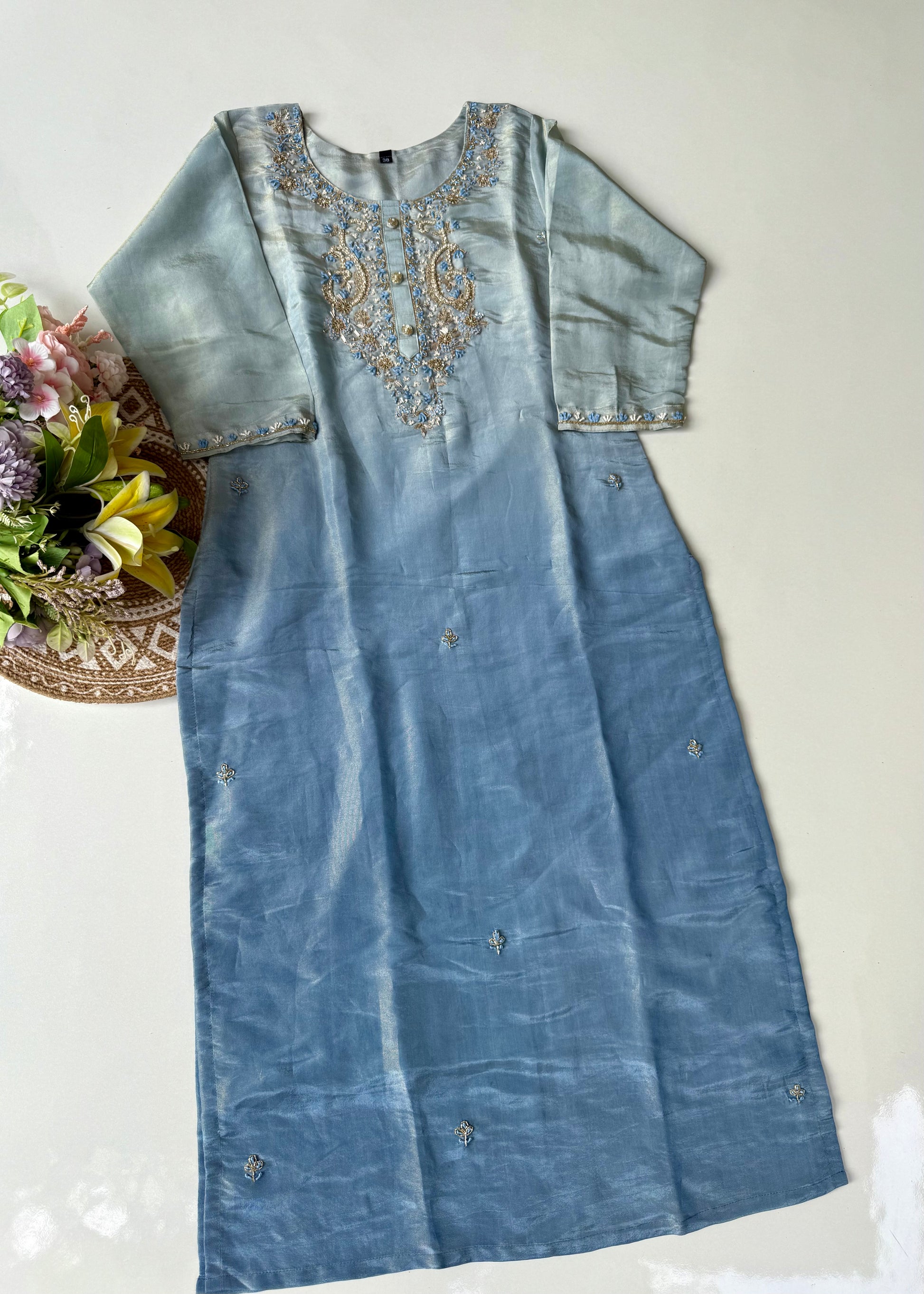 “Aashvi” Ombre Tissue Silk Handwork Suit Set
