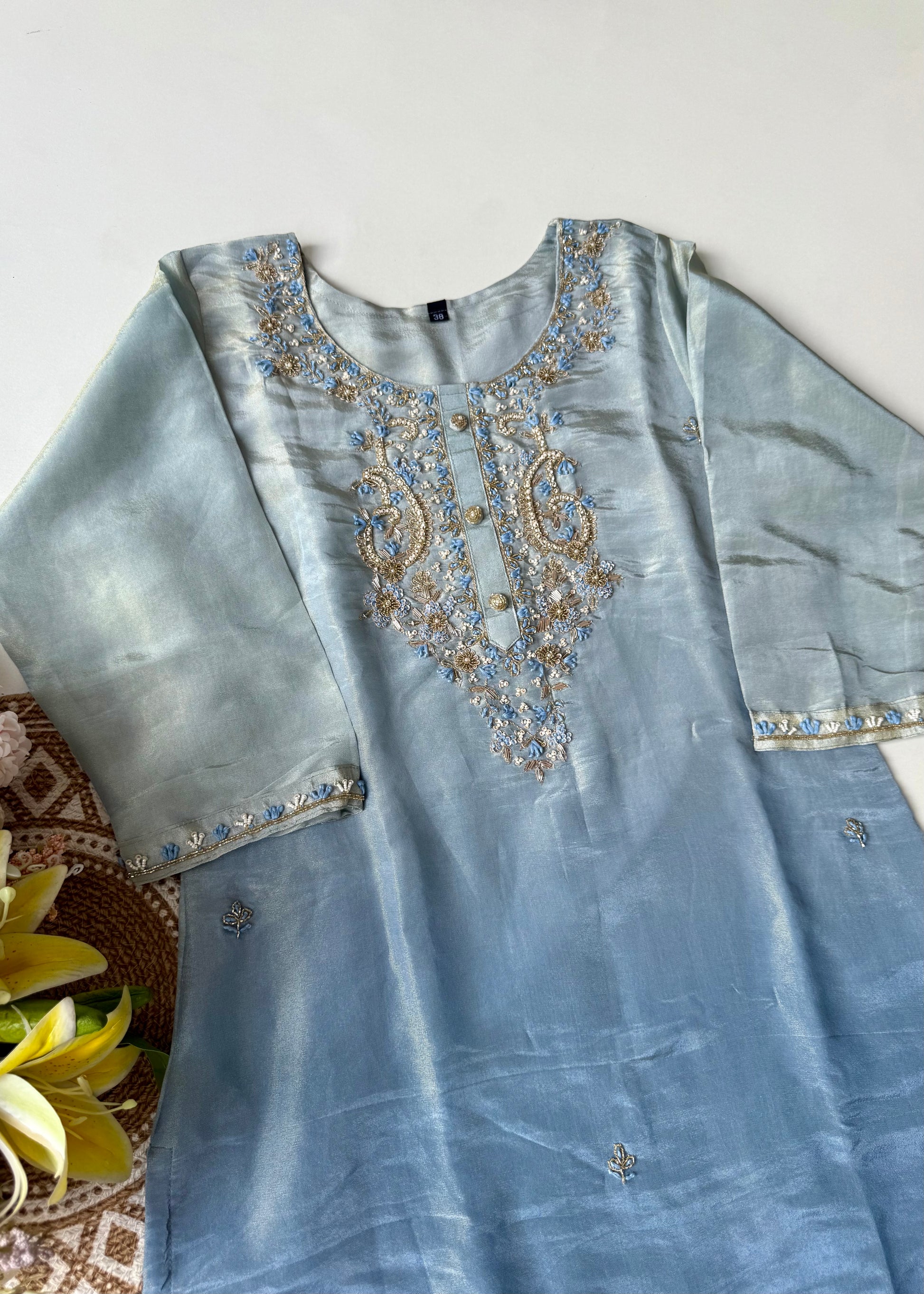 “Aashvi” Ombre Tissue Silk Handwork Suit Set