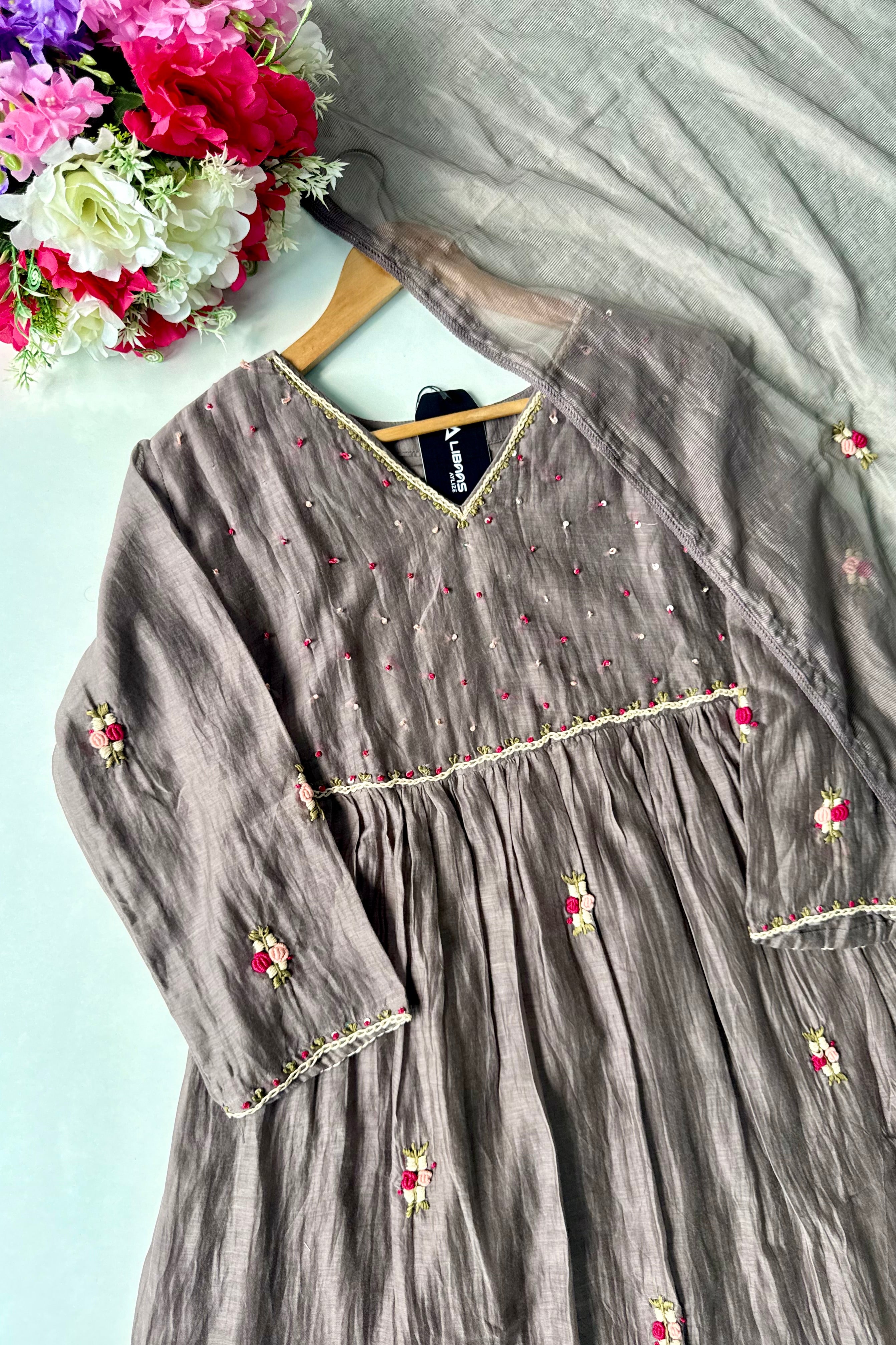 ✨” Smoky- Latest Smoky Taupe Grey Chanderi A-Line Kurta Set✨