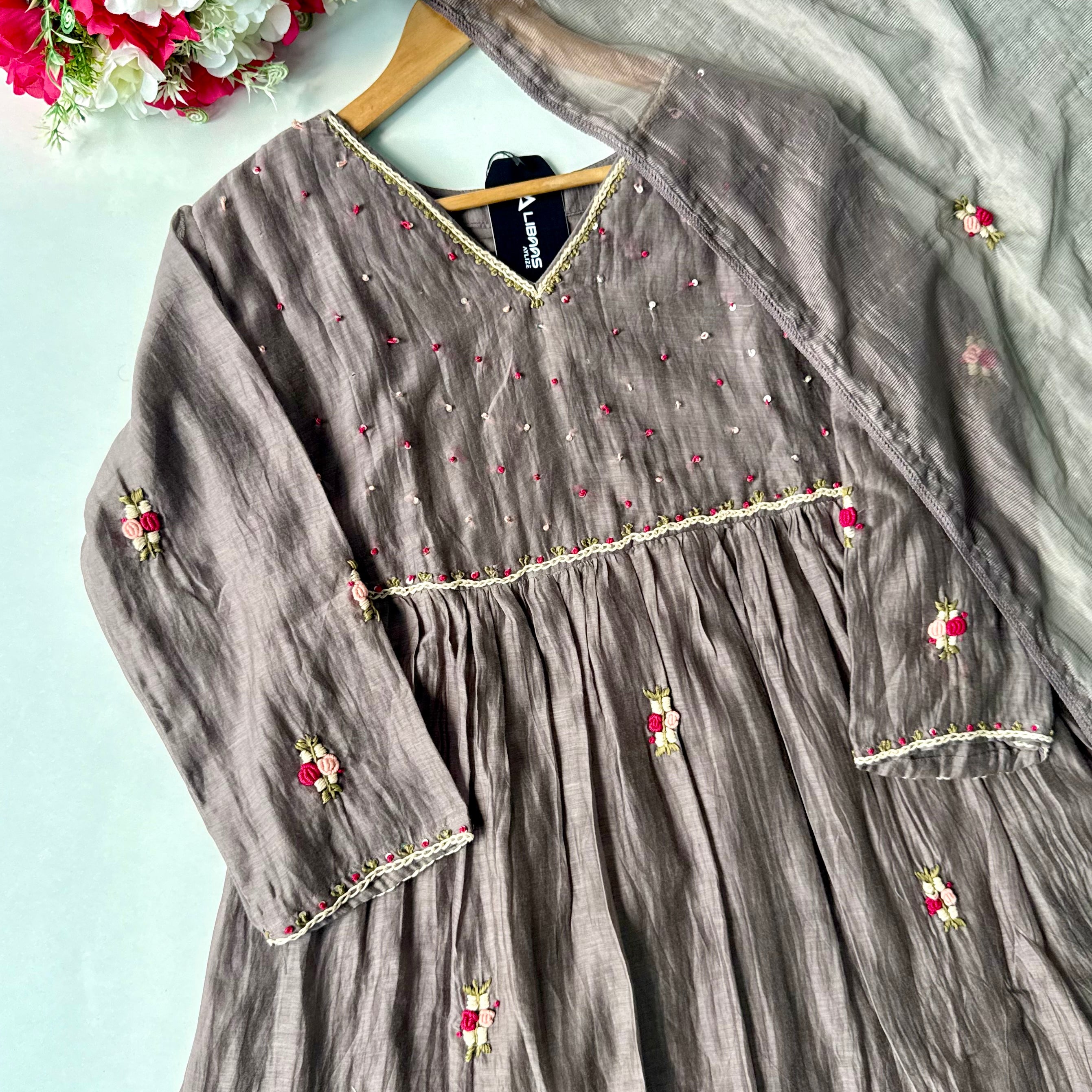 ✨” Smoky- Latest Smoky Taupe Grey Chanderi A-Line Kurta Set✨