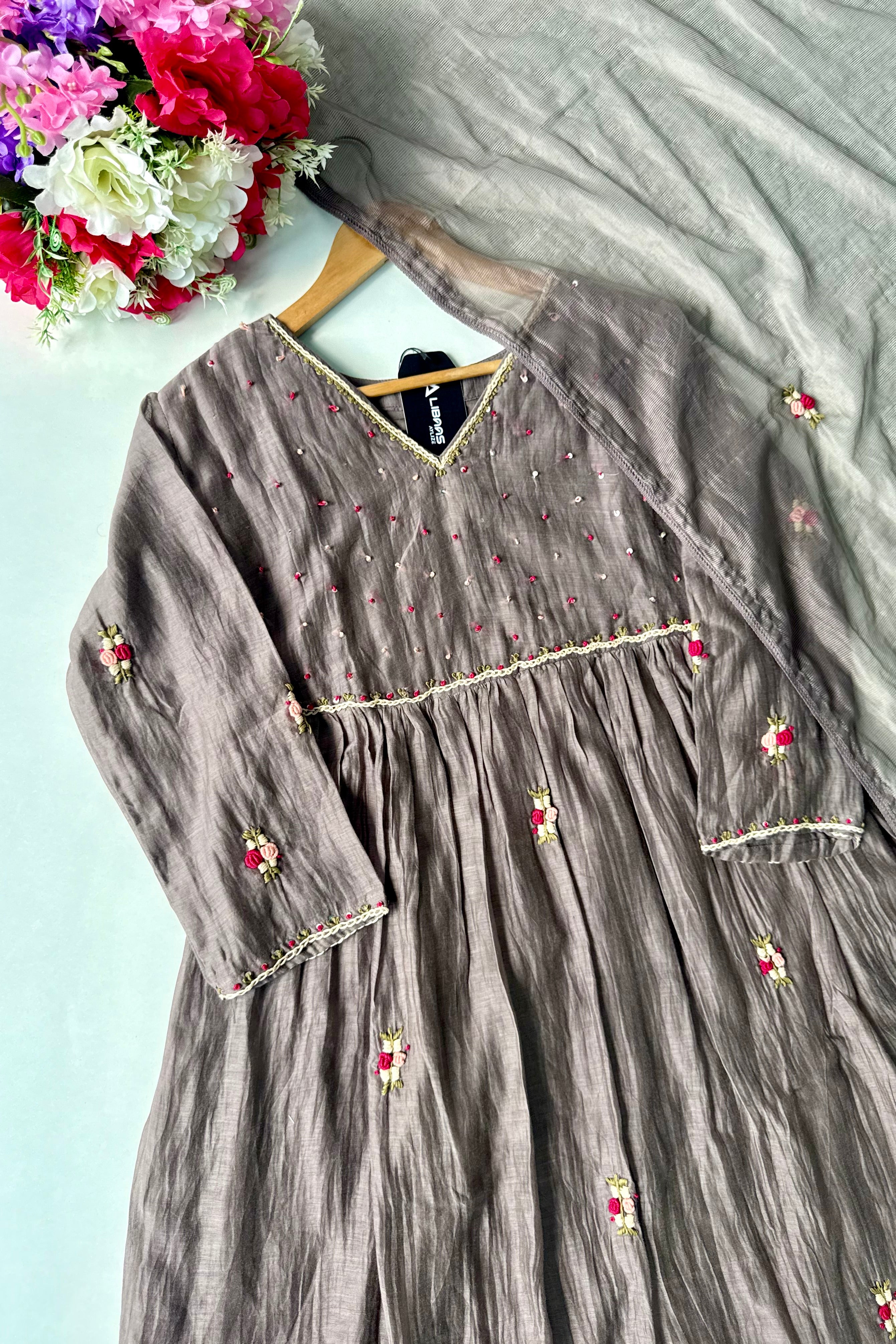 ✨” Smoky- Latest Smoky Taupe Grey Chanderi A-Line Kurta Set✨