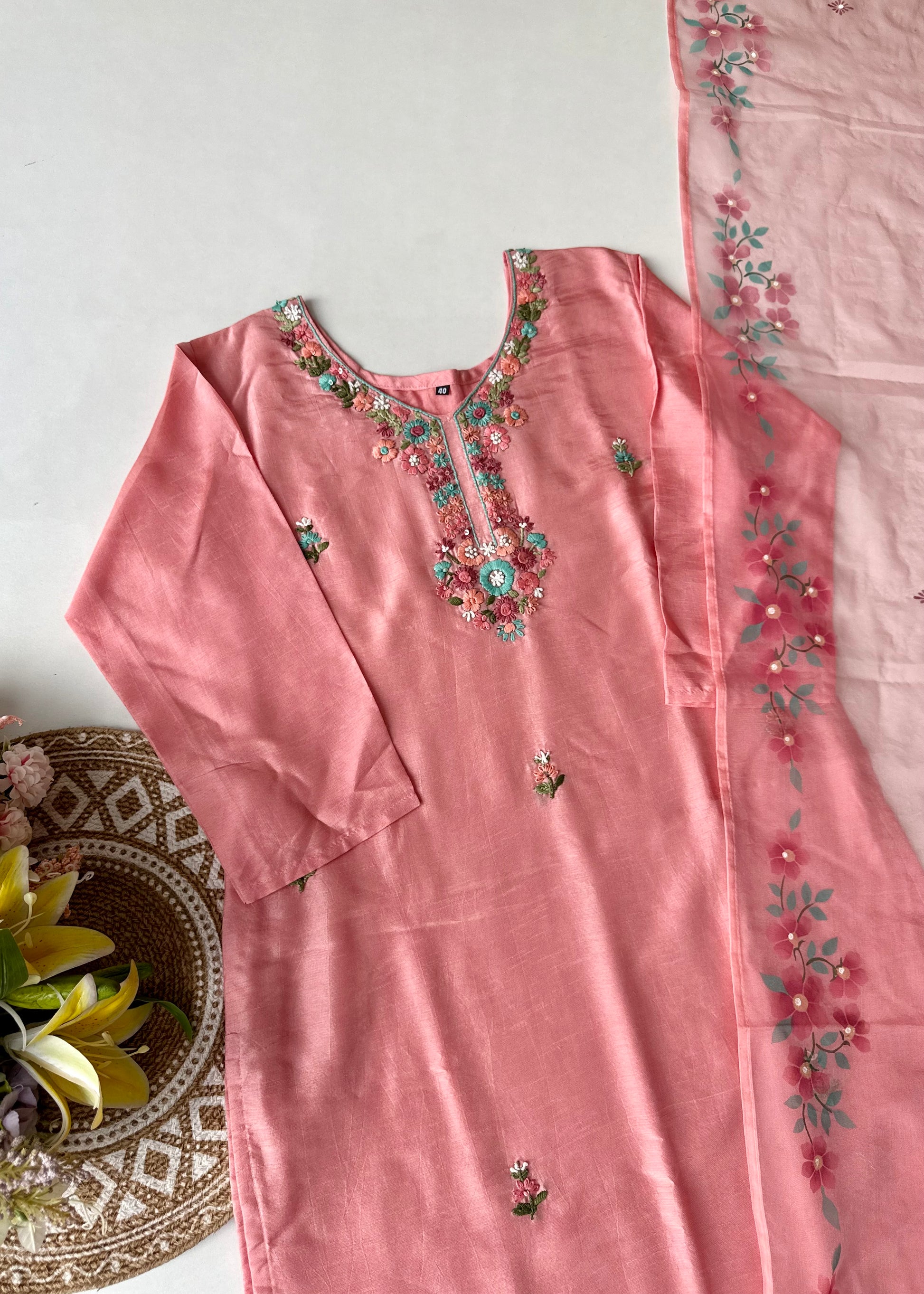 “Laya” Dola Silk Embroidered Suit Set with Printed Organza Dupatta