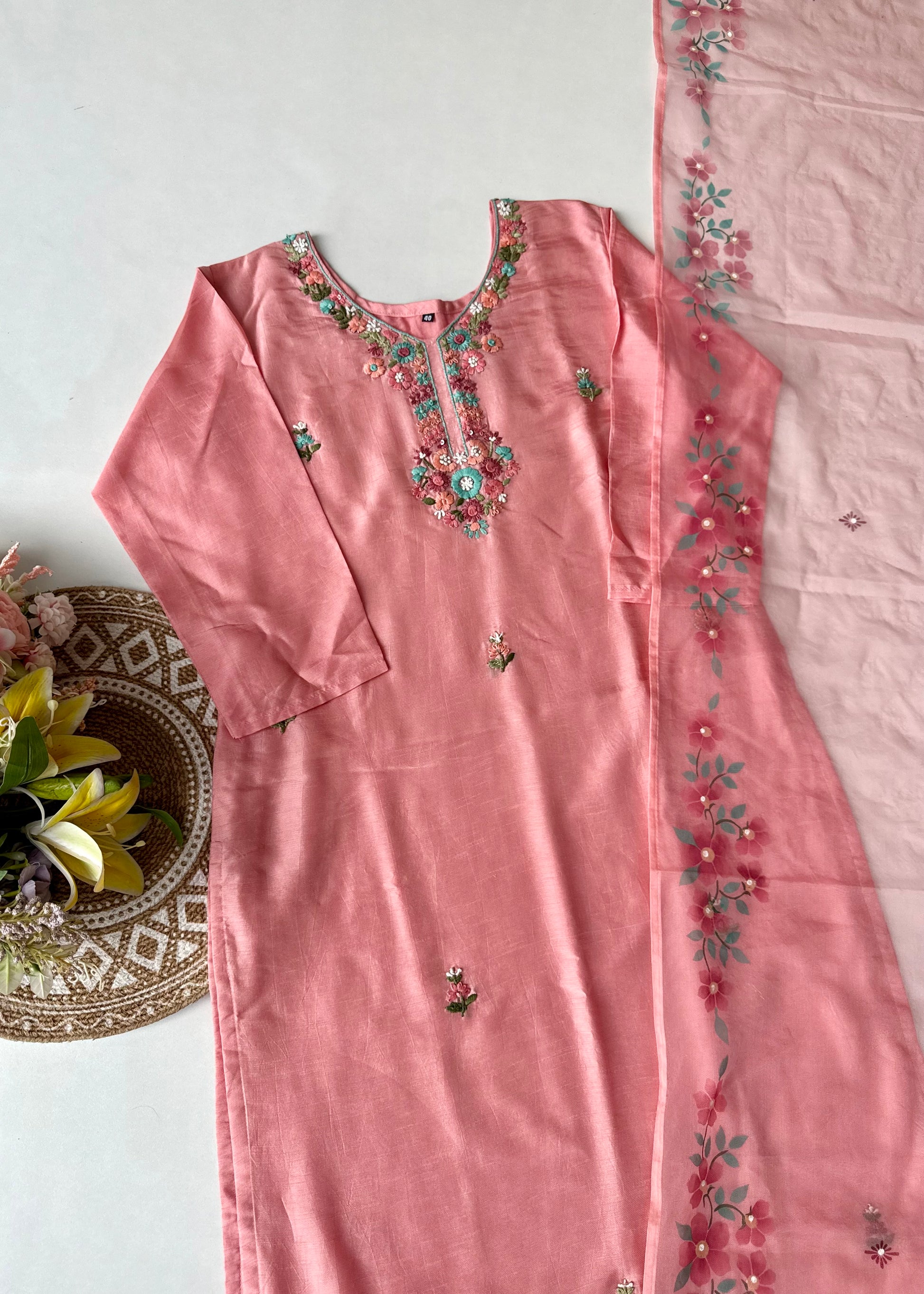 “Laya” Dola Silk Embroidered Suit Set with Printed Organza Dupatta