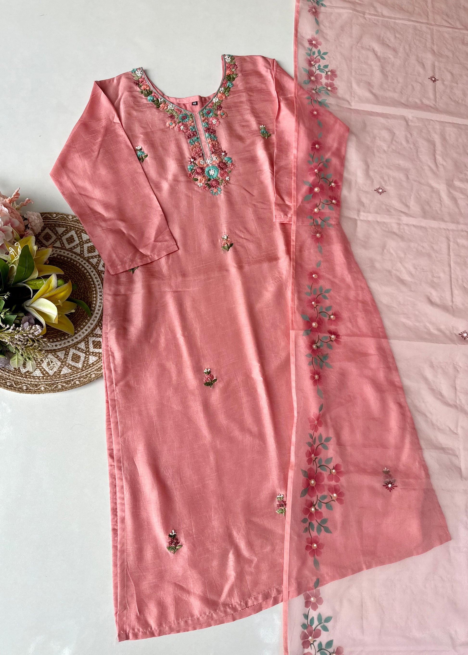 “Laya” Dola Silk Embroidered Suit Set with Printed Organza Dupatta