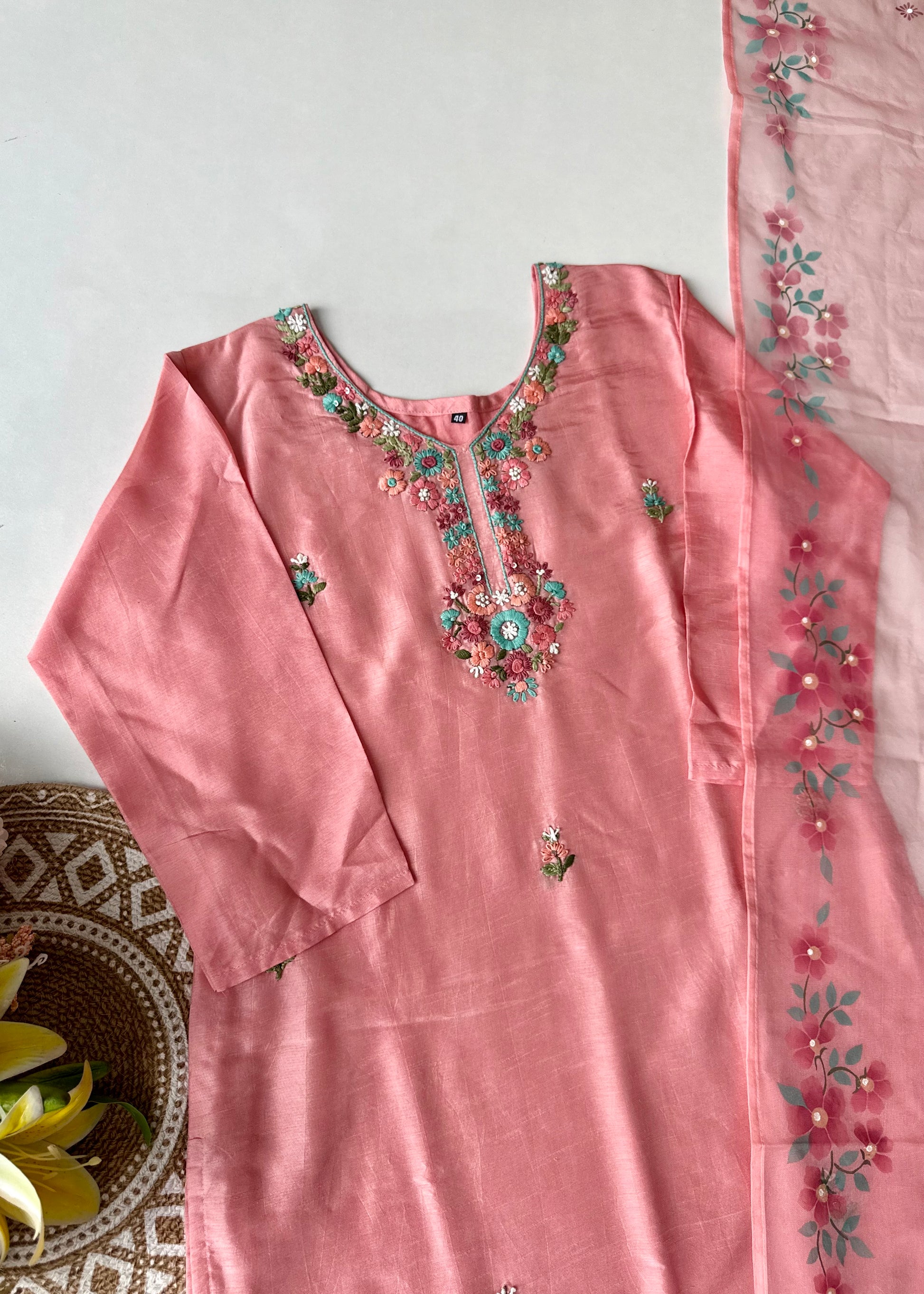 “Laya” Dola Silk Embroidered Suit Set with Printed Organza Dupatta