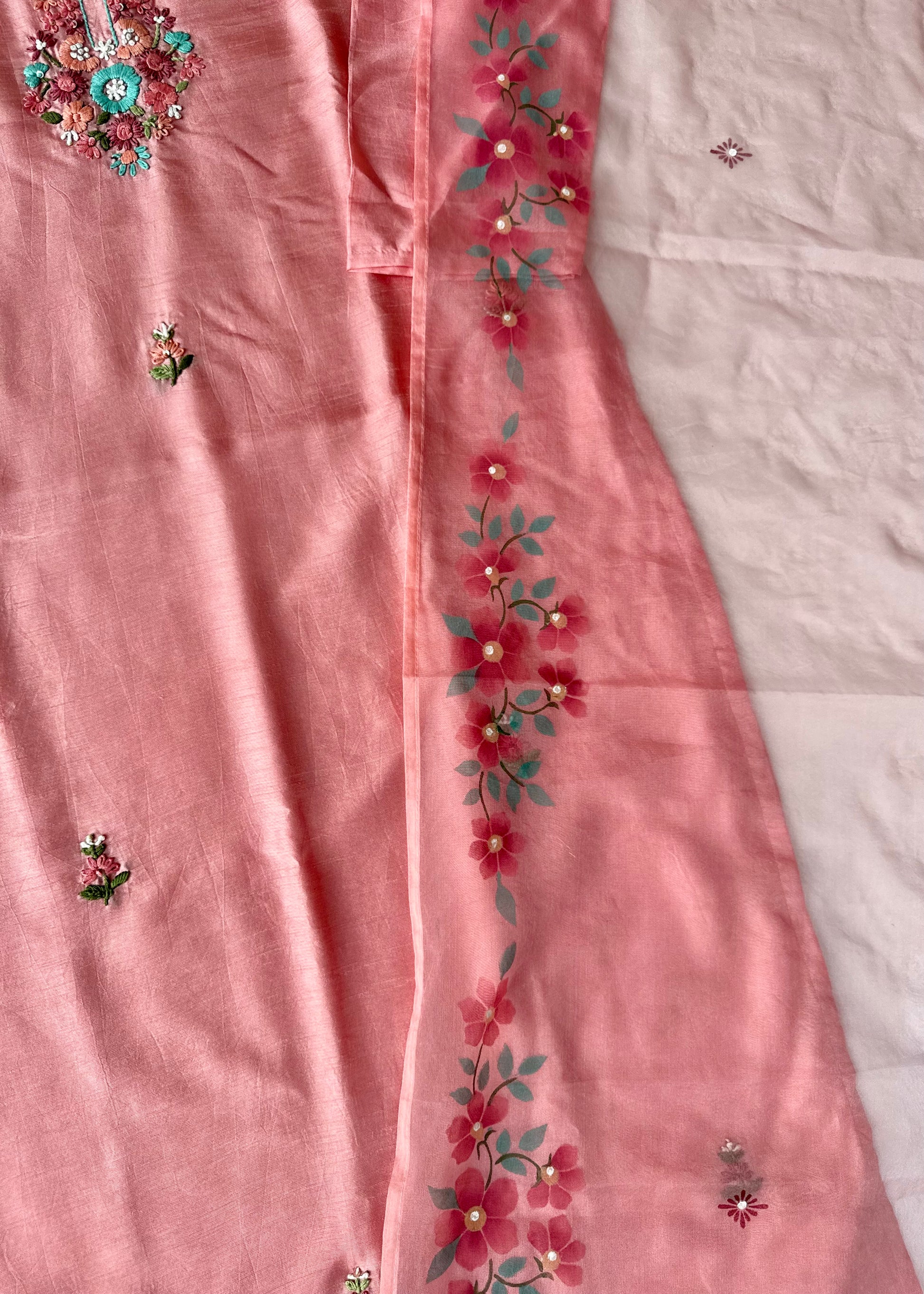 “Laya” Dola Silk Embroidered Suit Set with Printed Organza Dupatta