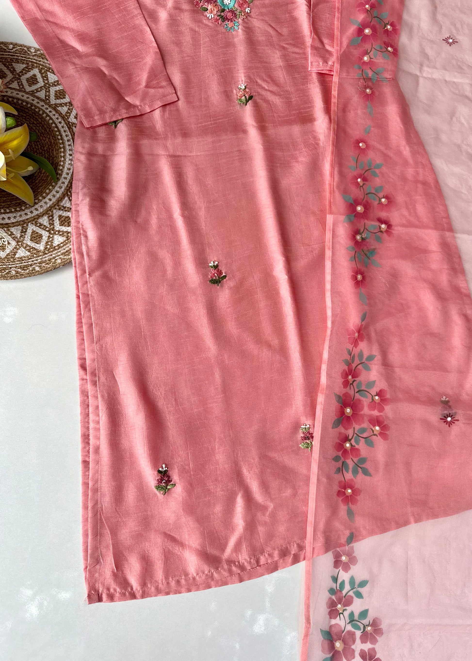 “Laya” Dola Silk Embroidered Suit Set with Printed Organza Dupatta