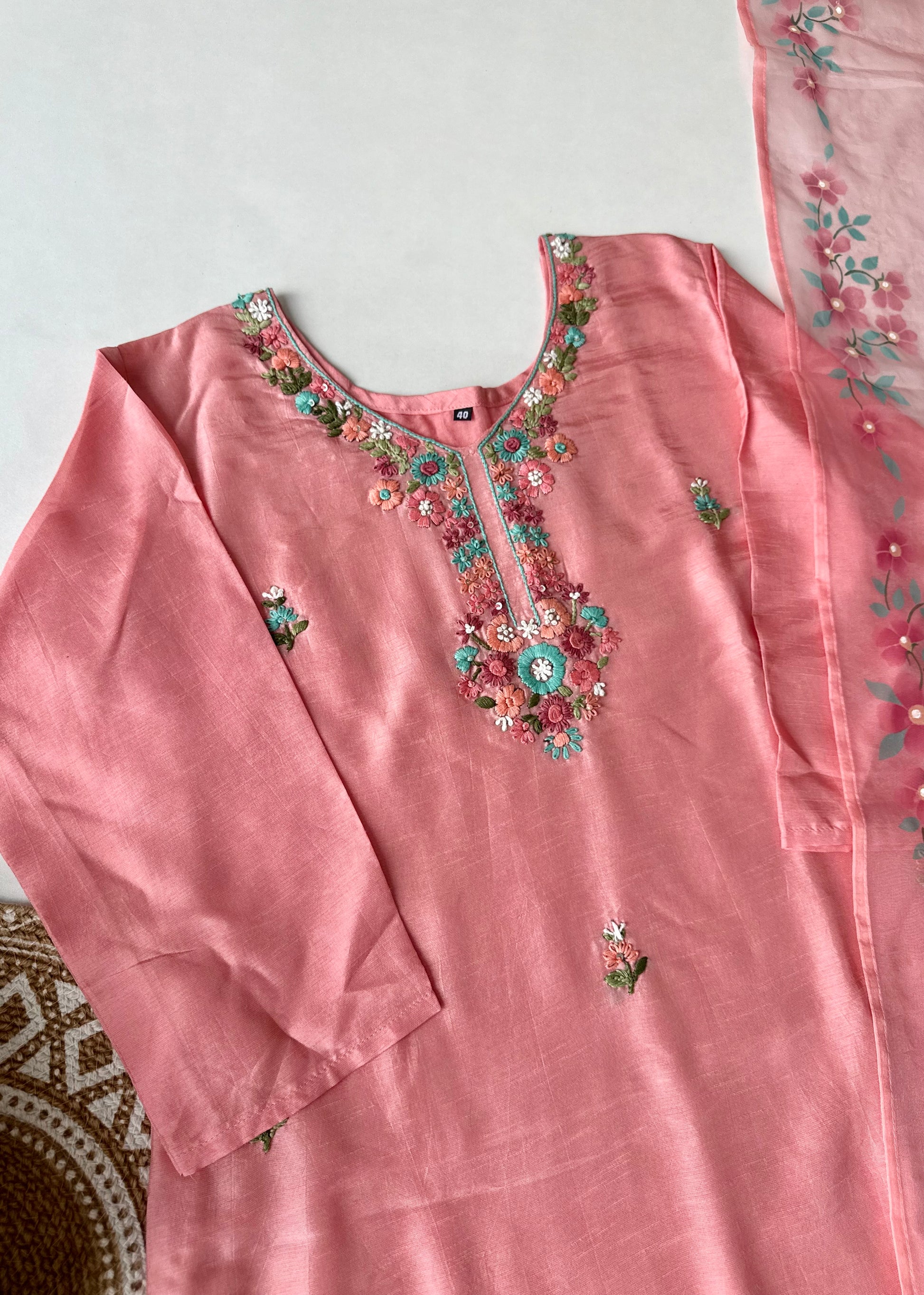 “Laya” Dola Silk Embroidered Suit Set with Printed Organza Dupatta