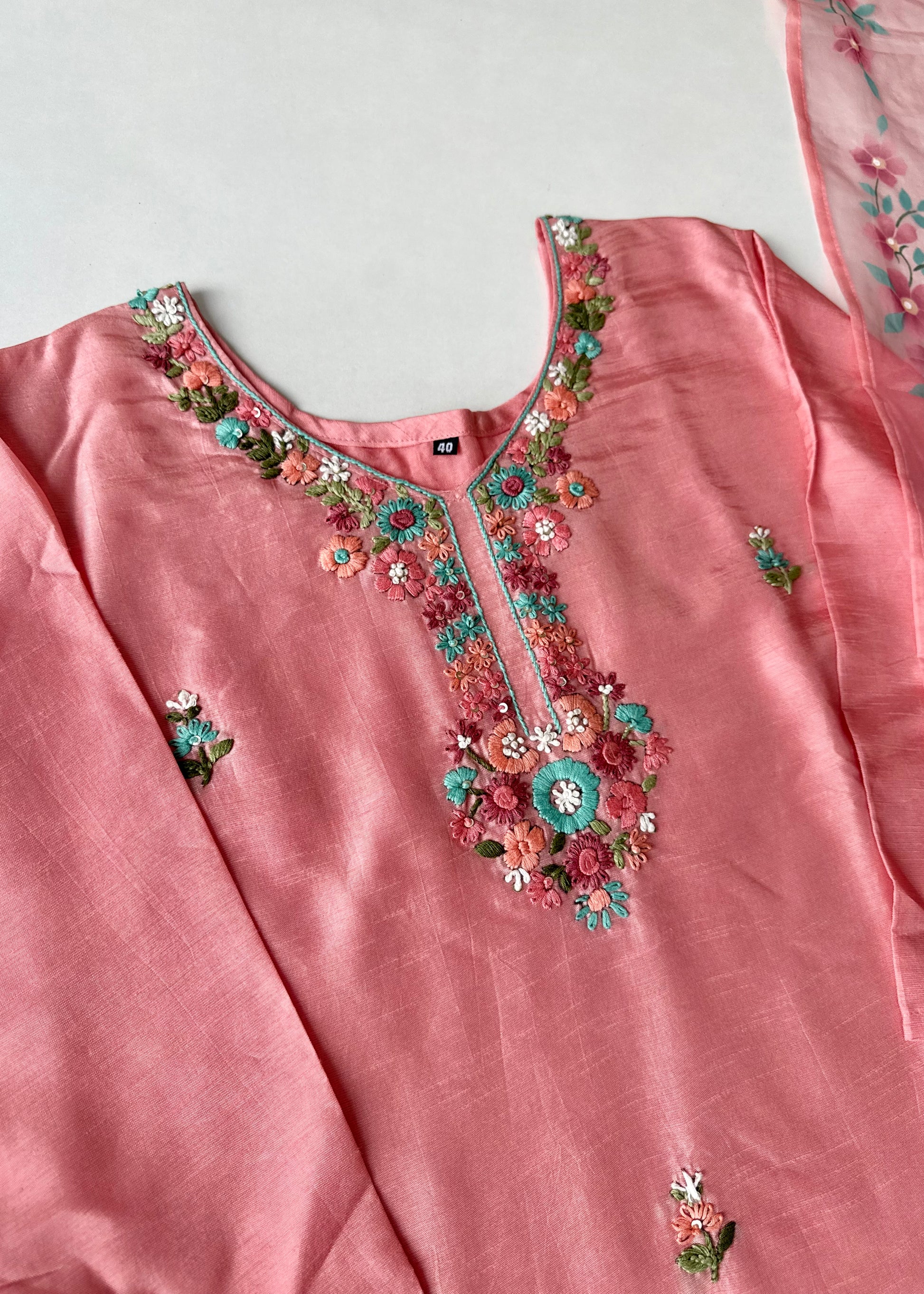 “Laya” Dola Silk Embroidered Suit Set with Printed Organza Dupatta