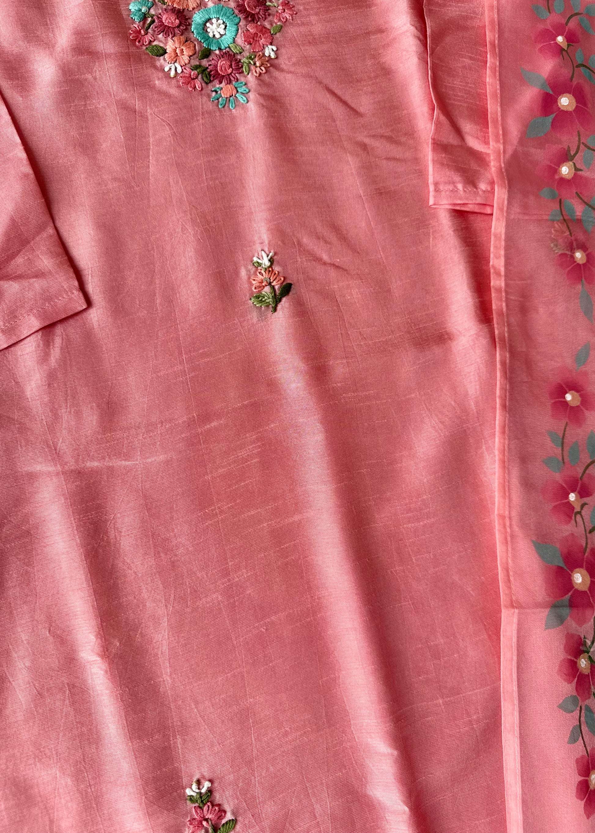 “Laya” Dola Silk Embroidered Suit Set with Printed Organza Dupatta