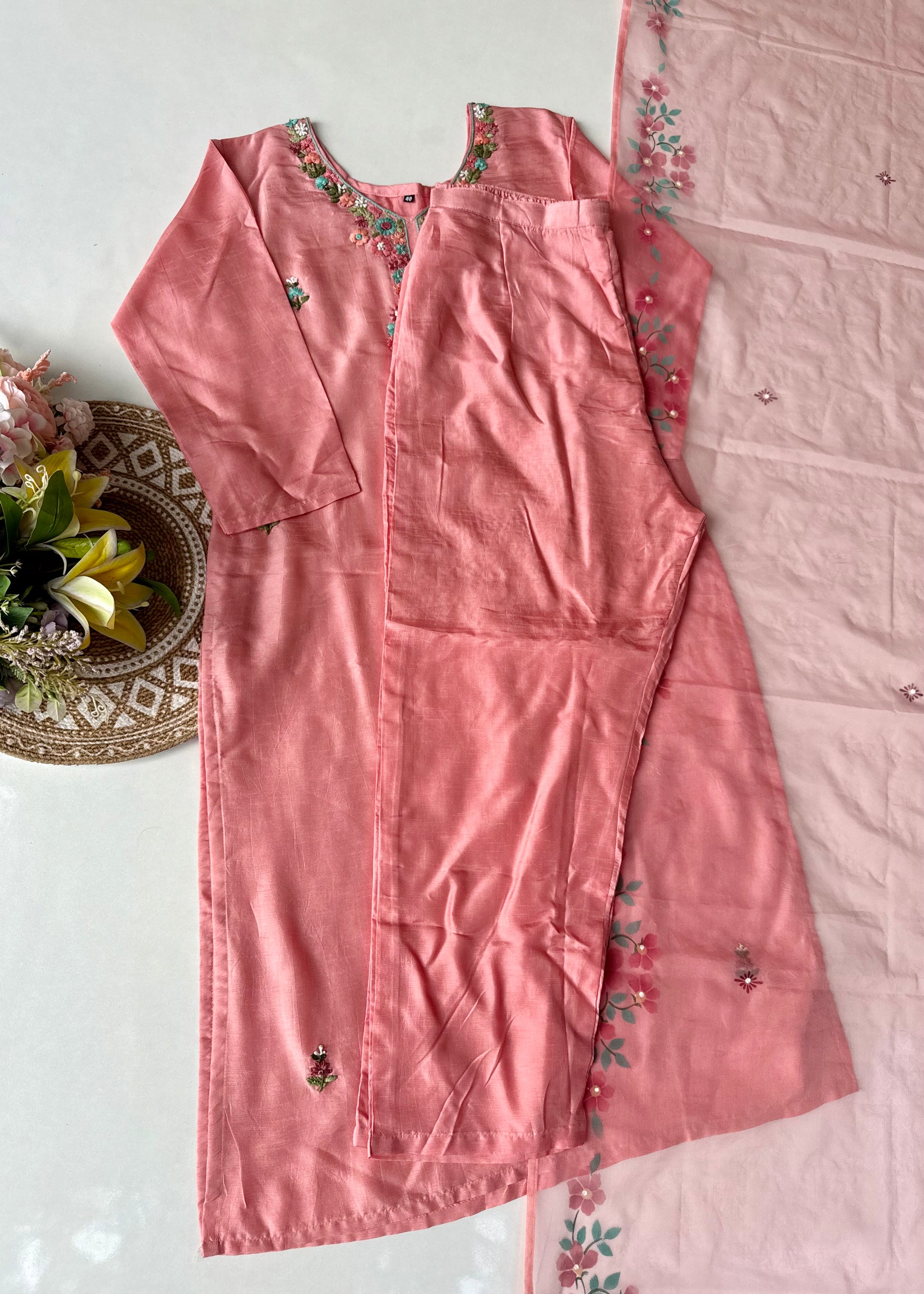 “Laya” Dola Silk Embroidered Suit Set with Printed Organza Dupatta