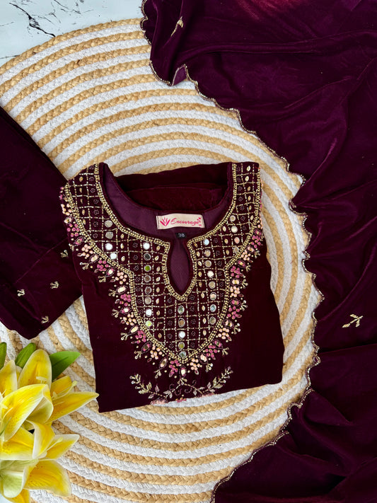 “Jivika” Maroon heavy velvet handwork suit set