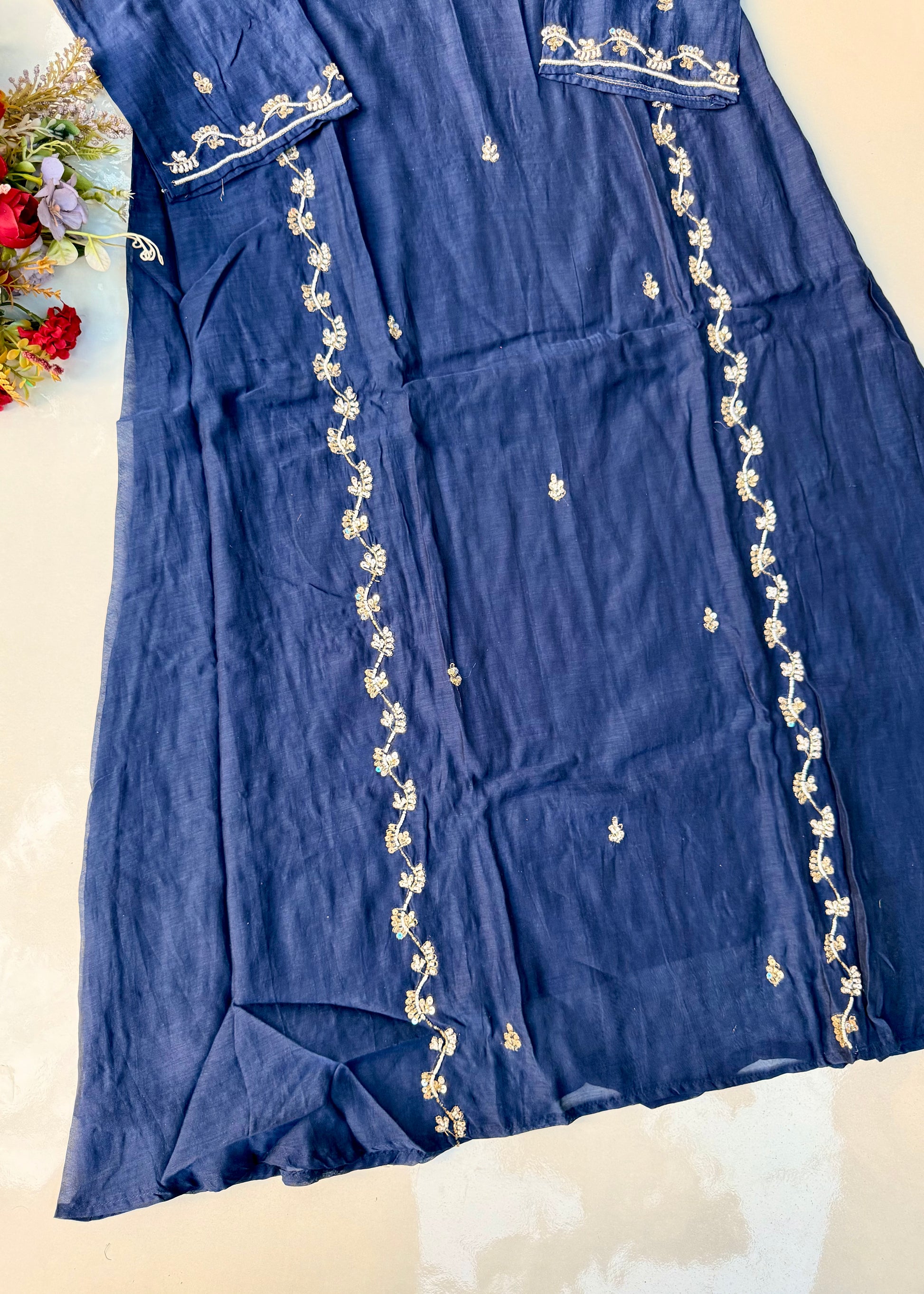“Faraj” Navy Blue Pure Mul-Chanderi Party wear A Line suit set