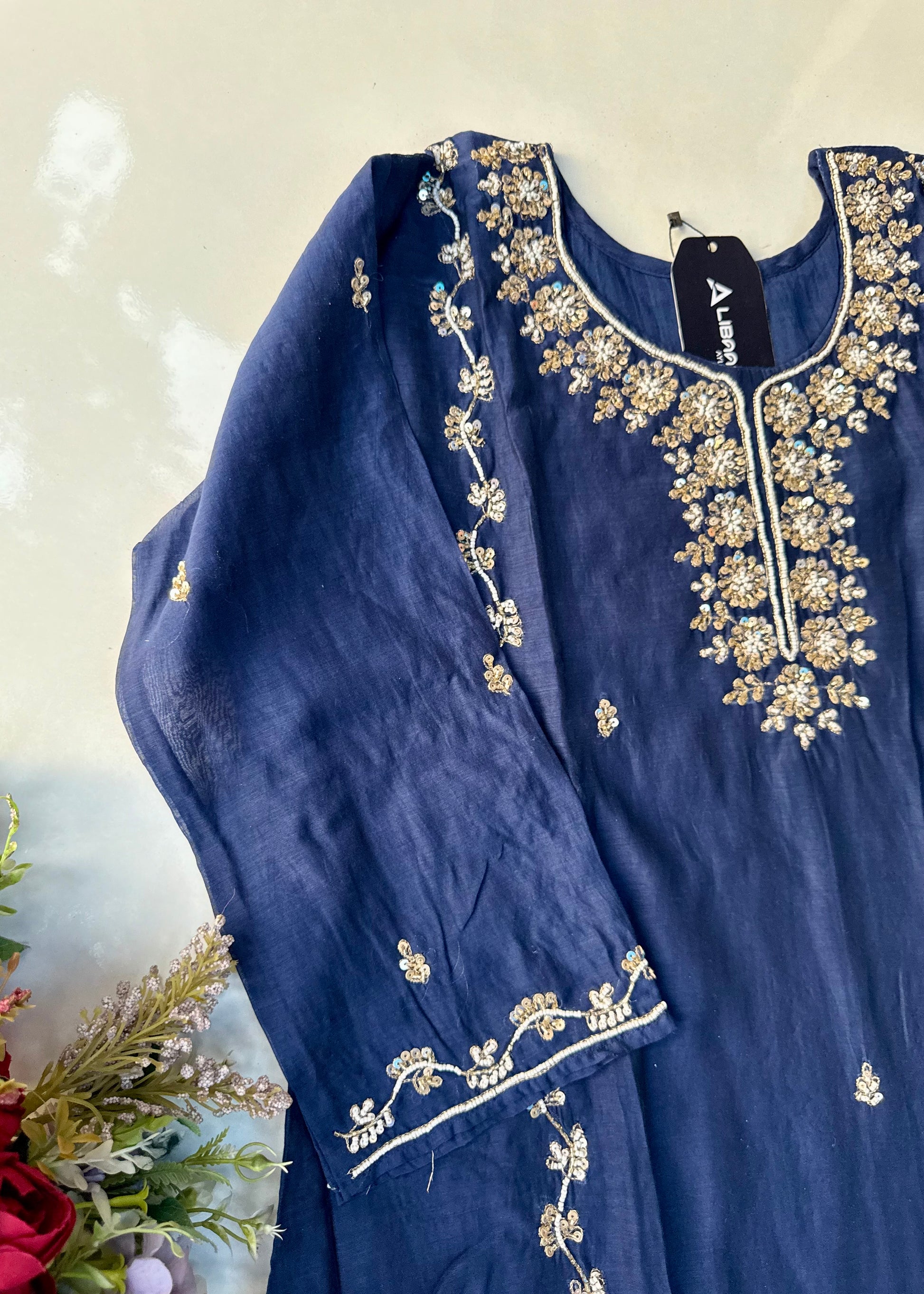 “Faraj” Navy Blue Pure Mul-Chanderi Party wear A Line suit set